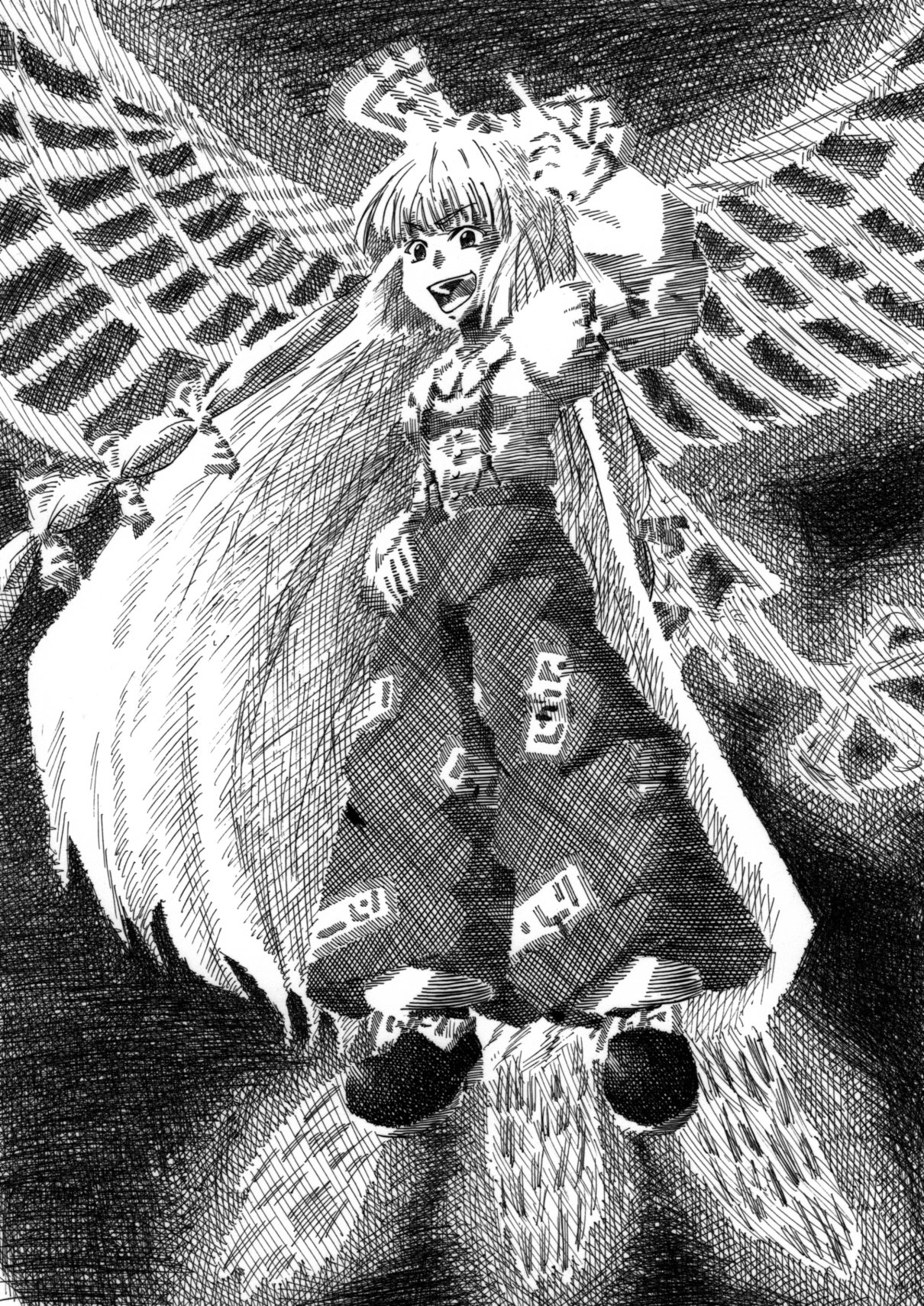 aozame, fujiwara no mokou, touhou, highres, nib pen (medium), pen (medium), traditional media, 1girl, bird, female focus, greyscale, lineart, monochrome, phoenix, solo