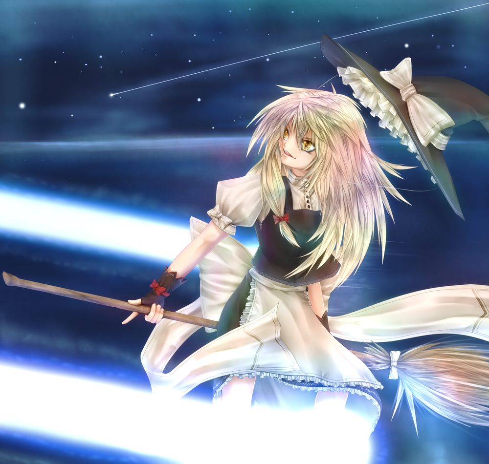 korichiru, kirisame marisa, touhou, bad id, bad pixiv id, 1girl, blonde hair, broom, female focus, fingerless gloves, gloves, gradient background, hat, long hair, outdoors, skirt, sky, solo, witch, witch hat, yellow eyes