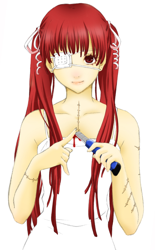 k (pixiv589613), original, 1girl, blood, boxcutter, eyepatch, female focus, long hair, looking at viewer, red eyes, red hair, scar, simple background, smile, solo, stitches, twintails, white background