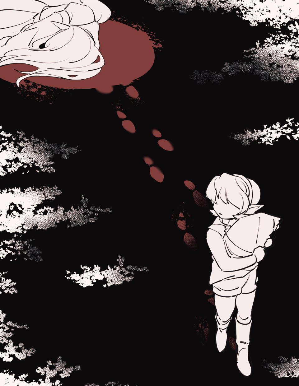 link, saria (zelda), nintendo, the legend of zelda, the legend of zelda: ocarina of time, 1boy, 2girls, baby, blood, boots, carrying baby, carrying person, corpse, footprints, from above, greyscale, hairband, long hair, looking back, monochrome, multiple girls, pointy ears, pool of blood, sansan3z0f, spot color, tunic