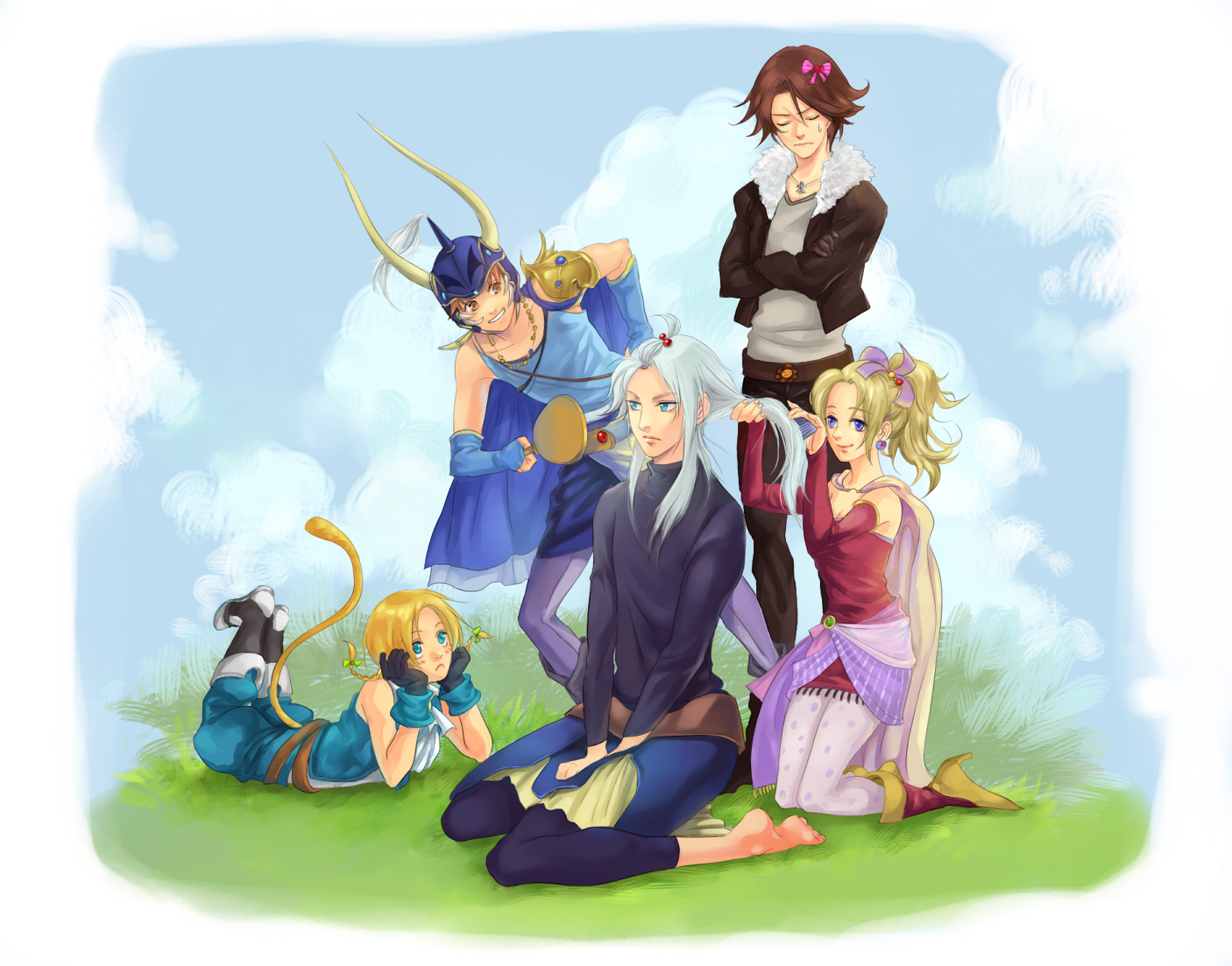 magatsumagic, bartz klauser, squall leonhart, tina branford, warrior of light (ff1), zidane tribal, dissidia final fantasy, final fantasy, final fantasy i, final fantasy ix, final fantasy v, final fantasy vi, final fantasy viii, 00s, 1990s (style), 1girl, 4boys, androgynous, belt, blonde hair, bow, braid, brown hair, cape, earrings, embarrassed, fur trim, gloves, hair bow, hairdressing, helmet, jacket, jewelry, mirror, multiple belts, multiple boys, necklace, pantyhose, retro artstyle, scar, tail, twin braids