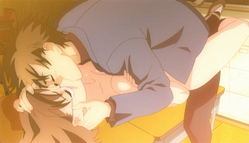 0verflow, miss each other, animated, animated gif, 1boy, 1girl, brown hair, classroom, closed eyes, clothed male nude female, clothed sex, desk, glasses, hetero, kiss, leg lock, nude, school, sex, socks, straddling