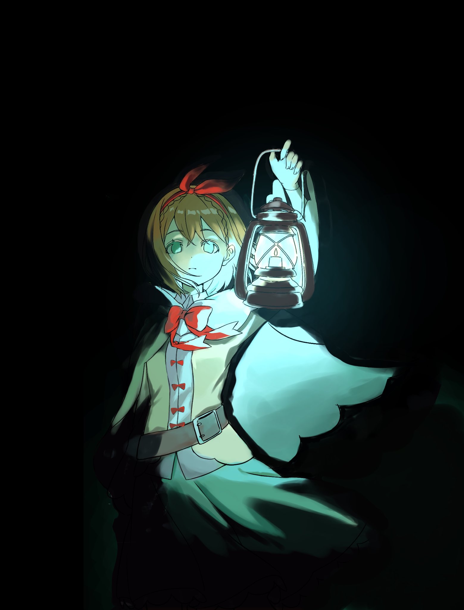 hikimori hikiko, petra leyte, re:zero kara hajimeru isekai seikatsu, commentary request, highres, 1girl, belt, black background, bow, bowtie, braid, brown hair, cape, capelet, dark, green cape, green eyes, hair ribbon, hairband, head bow, headband, holding, holding lantern, lantern, looking at viewer, partially shaded face, red bow, red hairband, red headband, red ribbon, ribbon, sad, serious, shirt, short hair, simple background, skirt, solo, white shirt, wind