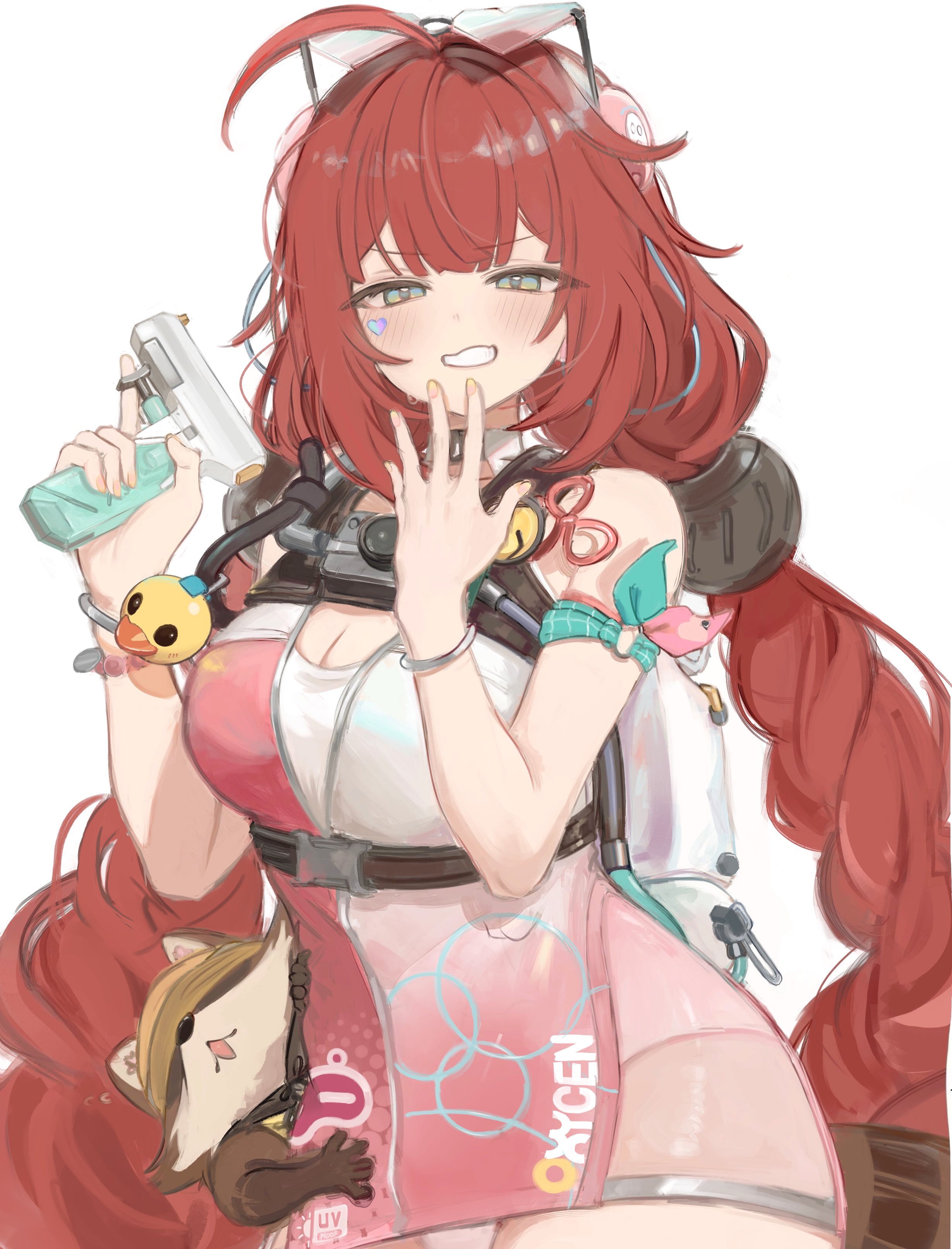 fuyu yafunu, kamanosuke (zenless zone zero), ukinami yuzuha, ukinami yuzuha (tanuki in broad daylight), zenless zone zero, absurdres, commentary request, highres, 1girl, ahoge, armband, bare shoulders, blush, braid, braided twintails, breasts, camera, camera around neck, cleavage, cowboy shot, eyewear on head, facial mark, gradient-tinted eyewear, green armband, green eyes, gun, hair ornament, half-closed eyes, hands up, hearing aid, heart, heart-shaped eyewear, heart facial mark, holding, holding water gun, large breasts, long hair, looking at viewer, official alternate costume, one-piece swimsuit, pink one-piece swimsuit, raccoon, red hair, simple background, sphere hair ornament, swimsuit, tanuki, tinted eyewear, two-tone one-piece swimsuit, water gun, weapon, white background