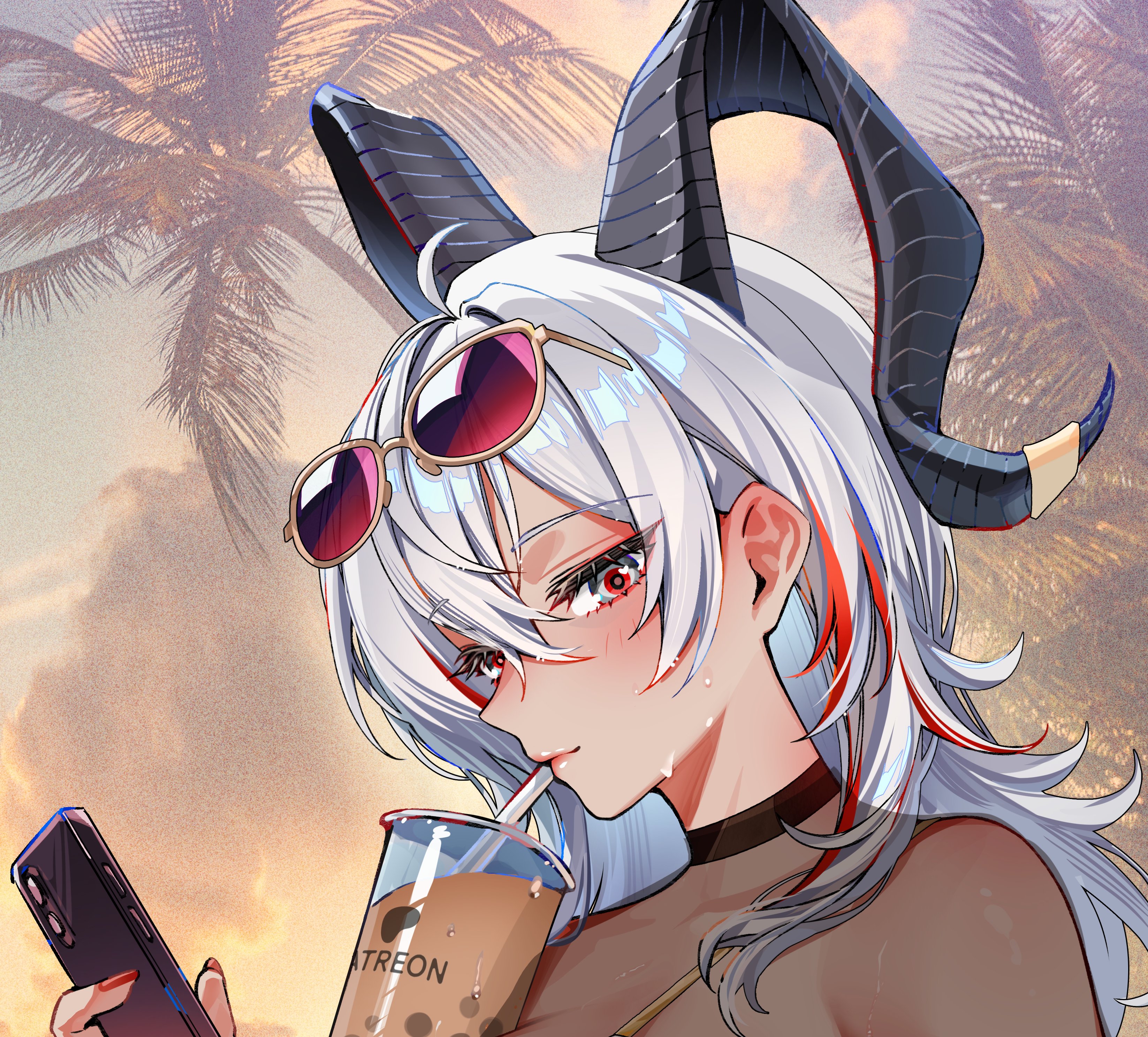 foxyreine, zani (wuthering waves), wuthering waves, absurdres, cropped, highres, 1girl, ahoge, black horns, bubble tea, cellphone, closed mouth, cup, curled horns, disposable cup, drinking straw, drinking straw in mouth, evening, eyewear on head, fingernails, food, grey hair, hair between eyes, holding, holding phone, horns, long hair, multicolored hair, nail polish, outdoors, patreon logo, phone, portrait, red eyes, red nails, smartphone, solo, streaked hair, sunglasses, white hair