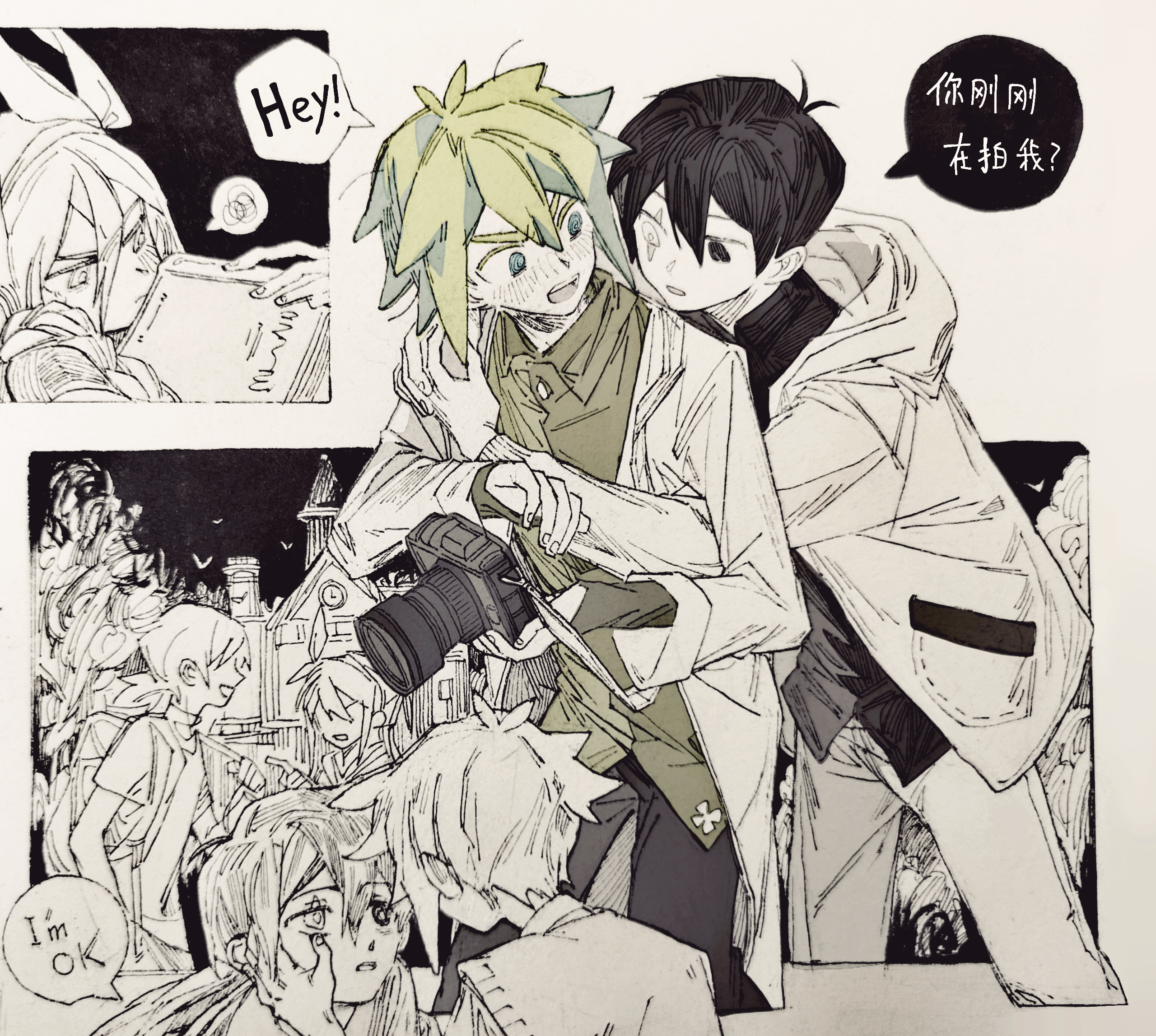 moonskysoon, aubrey (faraway) (omori), aubrey (omori), basil (faraway) (omori), basil (omori), kel (faraway) (omori), kel (omori), sunny (omori), omori, chinese commentary, commentary request, highres, spoilers, traditional media, 1girl, 3boys, alternate costume, antenna hair, black eyes, black hair, black shirt, blonde hair, blue eyes, bright pupils, camera, chinese text, closed mouth, coat, collared shirt, double-parted bangs, green shirt, hair between eyes, hairband, heterochromia, holding, holding camera, hood, hood down, long hair, long sleeves, looking at viewer, multiple boys, no eyes, open clothes, open coat, open mouth, pants, partially colored, scar, scar across eye, scar on face, shirt, short hair, sidelocks, speech bubble, spoken squiggle, squiggle