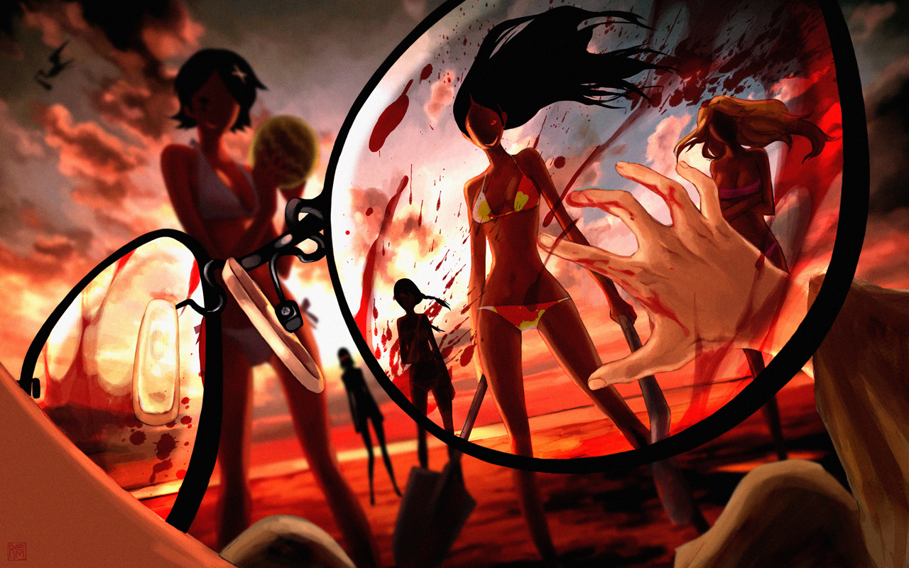 rem (tsulala), fujiyoshi harumi, fuura kafuka, itoshiki nozomu, kimura kaere, kitsu chiri, kobushi abiru, sayonara zetsubou sensei, bad id, bad pixiv id, 00s, 1boy, 5girls, bad end, bandages, beach, bikini, bird, blood, creepy, femdom, food, fruit, glasses, glasses view, glowing, glowing eyes, grin, horror (theme), just as planned (meme), legs, melon, meme, multiple girls, ocean, pov, shovel, smile, stork, sunset, swimsuit, worktool, yandere