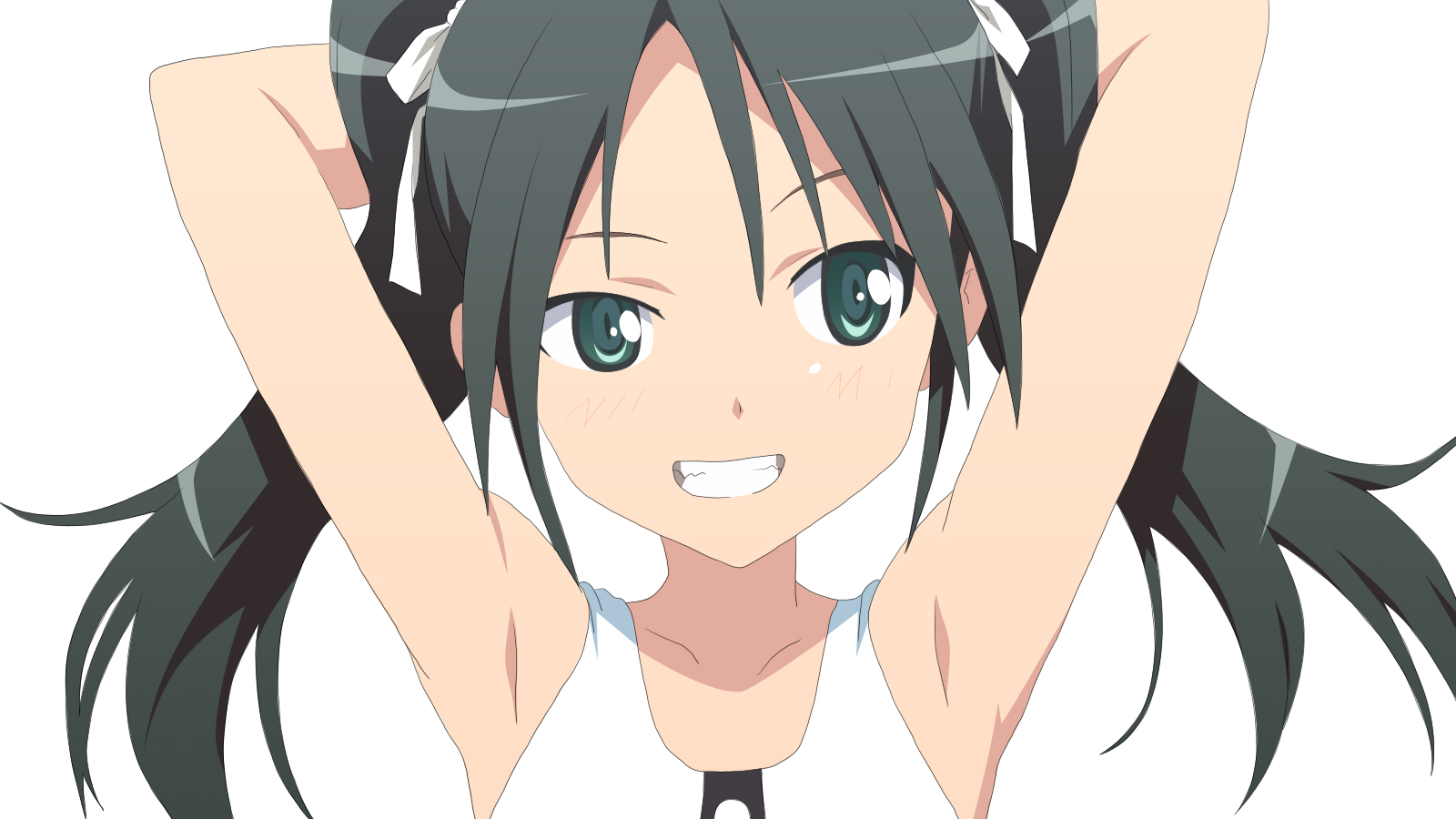 francesca lucchini, strike witches, world witches series, highres, 00s, 1girl, armpits, arms up, black hair, female focus, green eyes, grin, simple background, smile, solo, twintails, white background