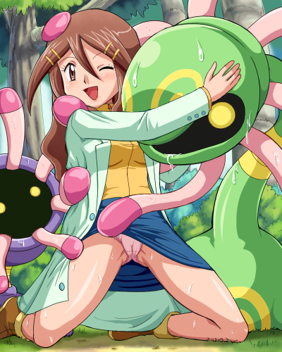 pokemoa, annie proctor, cradily, lileep, nintendo, pokemon, brush, lowres, 1girl, brown eyes, brown hair, cameltoe, consensual tentacles, evolutionary line, forest, gen 3 pokemon, happy, long hair, nature, one eye closed, panties, pokemon (creature), smile, tentacles, underwear, wink