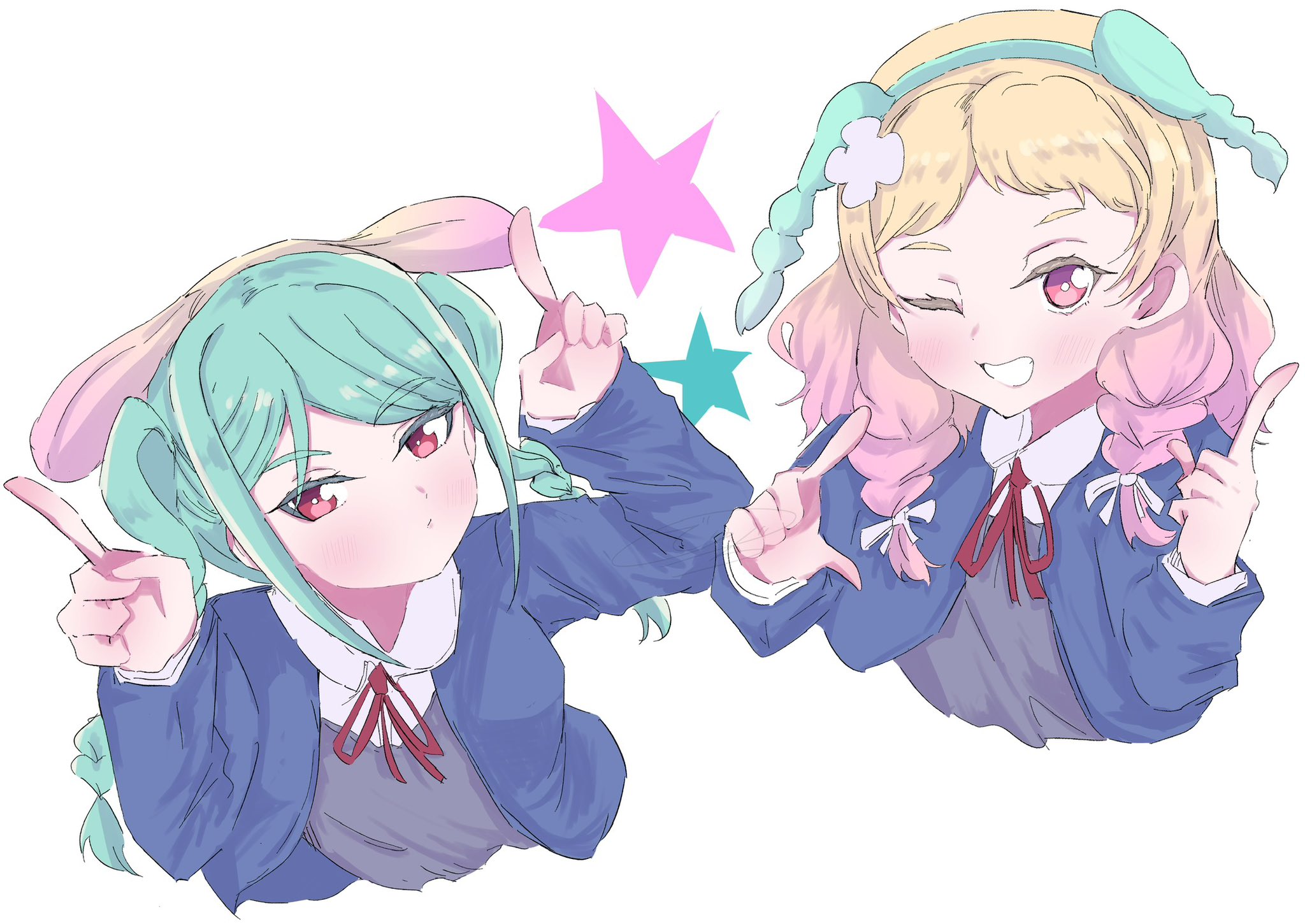 dhuno g, onitsuka natsumi, onitsuka tomari, love live!, love live! superstar!!, commentary request, highres, 2girls, ;d, animal ear hairband, animal ears, aqua hair, aqua hairband, blonde hair, blue jacket, blush, closed mouth, collared shirt, dress, dress shirt, expressionless, fake animal ears, flower, gradient hair, grey dress, grin, hair flower, hair ornament, hairband, jacket, looking at viewer, multicolored hair, multiple girls, neck ribbon, one eye closed, open clothes, open jacket, open mouth, pinafore dress, pink eyes, pink hair, rabbit ear hairband, rabbit ears, rabbit pose, red eyes, red ribbon, ribbon, school uniform, shirt, siblings, simple background, sisters, sleeveless, sleeveless dress, smile, star (symbol), white background, white flower, white shirt, winter uniform, yuigaoka school uniform