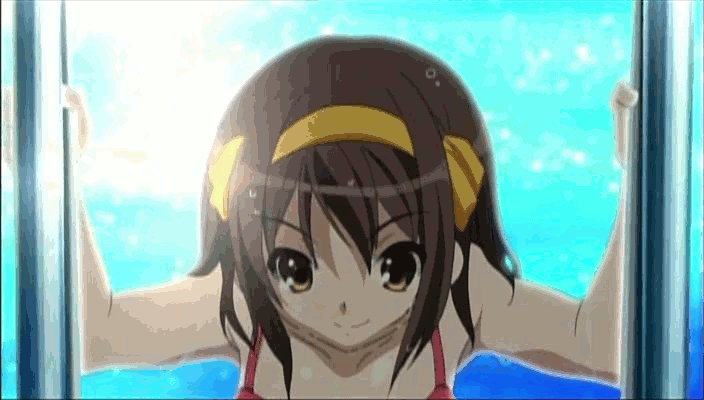 suzumiya haruhi, suzumiya haruhi no yuuutsu, animated, animated gif, 00s, 1girl, belly, bikini, breasts, cleavage, curvy, female focus, medium breasts, shiny skin, smile, solo, swimsuit, walking, water, wet