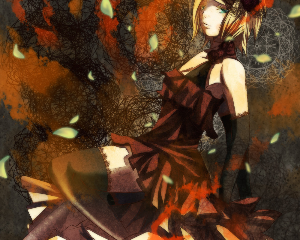 soriku, kagamine rin, vocaloid, bad id, bad pixiv id, 1girl, bare shoulders, blonde hair, dress, elbow gloves, female focus, gloves, green eyes, solo, thighhighs