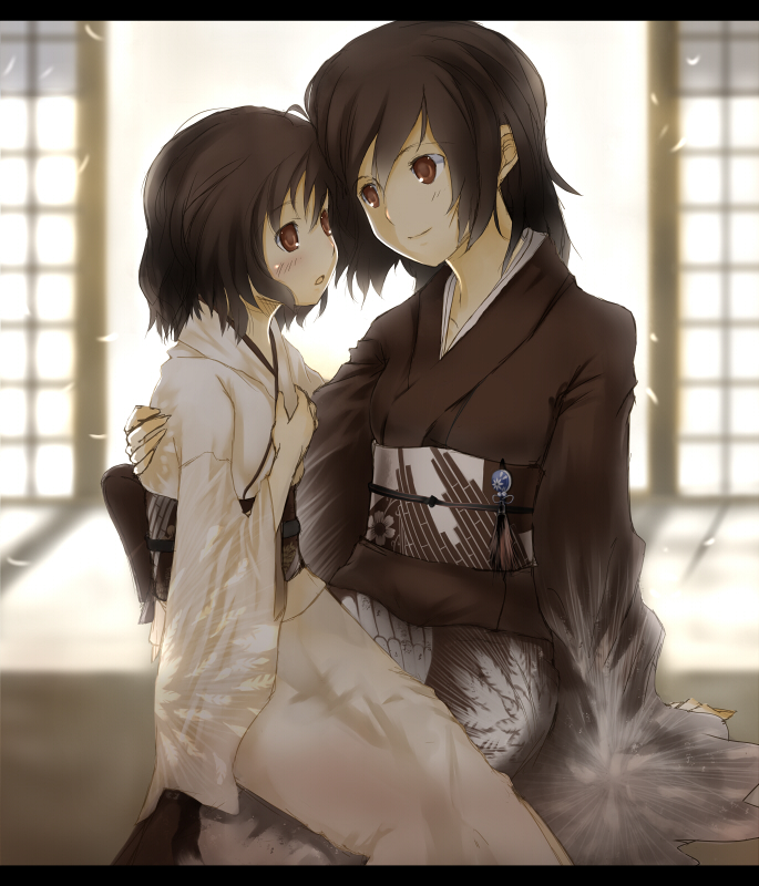 ochau, original, bad id, bad pixiv id, 2girls, blush, brown eyes, brown hair, japanese clothes, kimono, letterboxed, multiple girls, obi, sash, sitting, sitting on lap, sitting on person, smile