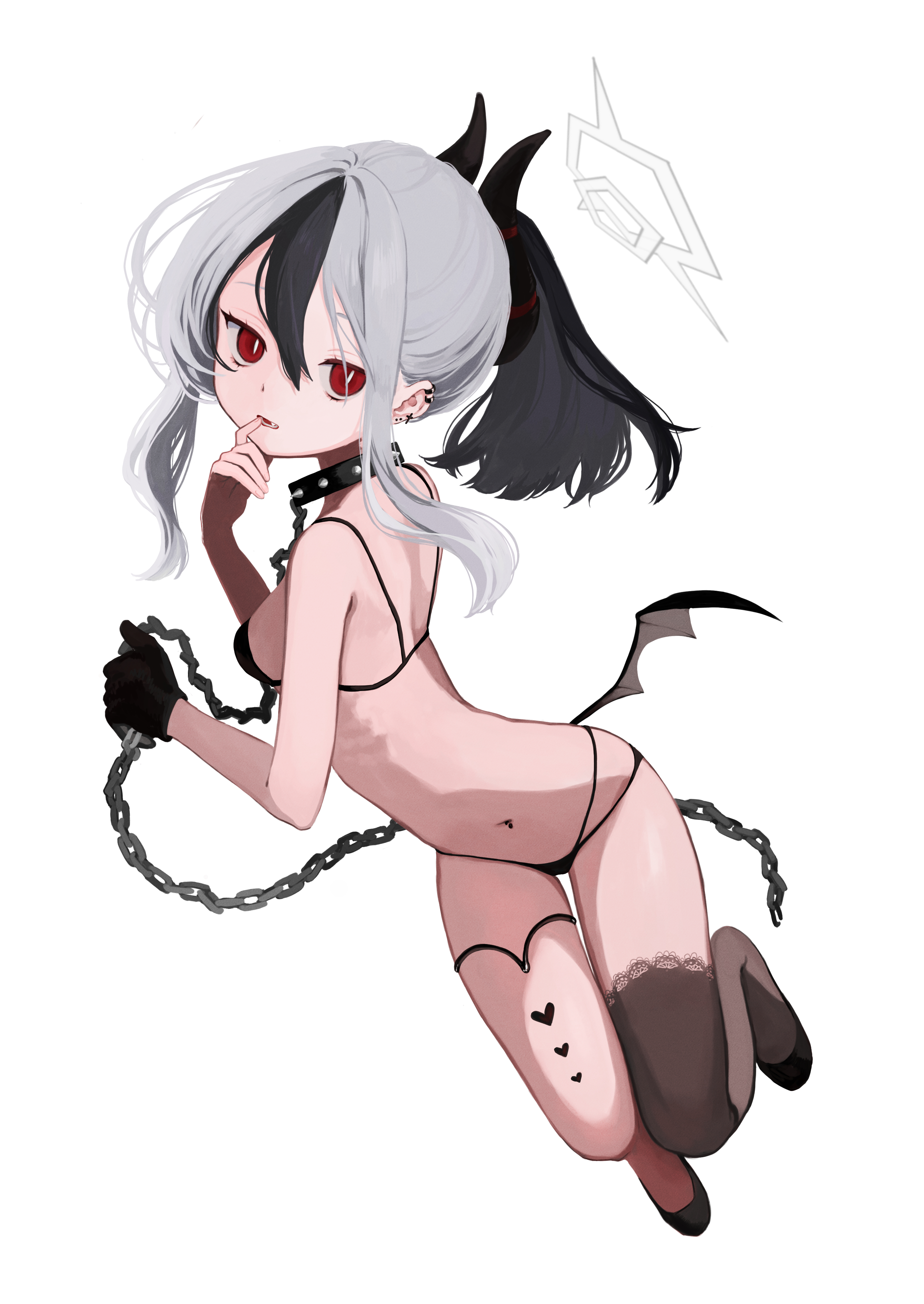 kisaka, kayoko (blue archive), blue archive, absurdres, commentary request, highres, 1girl, alternate costume, bikini, black bikini, black choker, black gloves, black hair, black horns, black thighhighs, chain, choker, cross, cross earrings, demon girl, demon horns, demon wings, dutch angle, ear piercing, earrings, eyelashes, fang, film grain, finger to mouth, floating hair, full body, gloves, grey hair, grey halo, hair between eyes, halo, hands up, heart, heart tattoo, holding, holding chain, horns, jewelry, knees together feet apart, long hair, looking at viewer, multi-strapped bikini bottom, multicolored hair, navel, navel piercing, open mouth, piercing, ponytail, red eyes, sidelocks, single thighhigh, single wing, slit pupils, solo, spiked choker, spikes, stomach, swimsuit, tattoo, teeth, thigh strap, thighhighs, thighs, tsurime, two-tone hair, wings, yellow halo