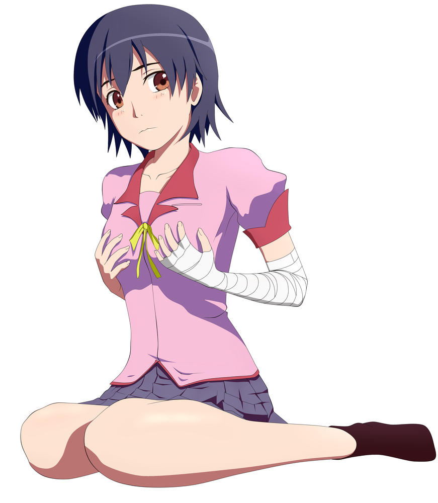 chokotto, kanbaru suruga, bakemonogatari, monogatari (series), breast hold, 00s, bandaged arm, bandages, black hair, breasts, brown eyes, covering breasts, covering privates, looking at viewer, neck ribbon, pleated skirt, ribbon, school uniform, short hair, simple background, sitting, skirt, socks, solo, wariza, white background
