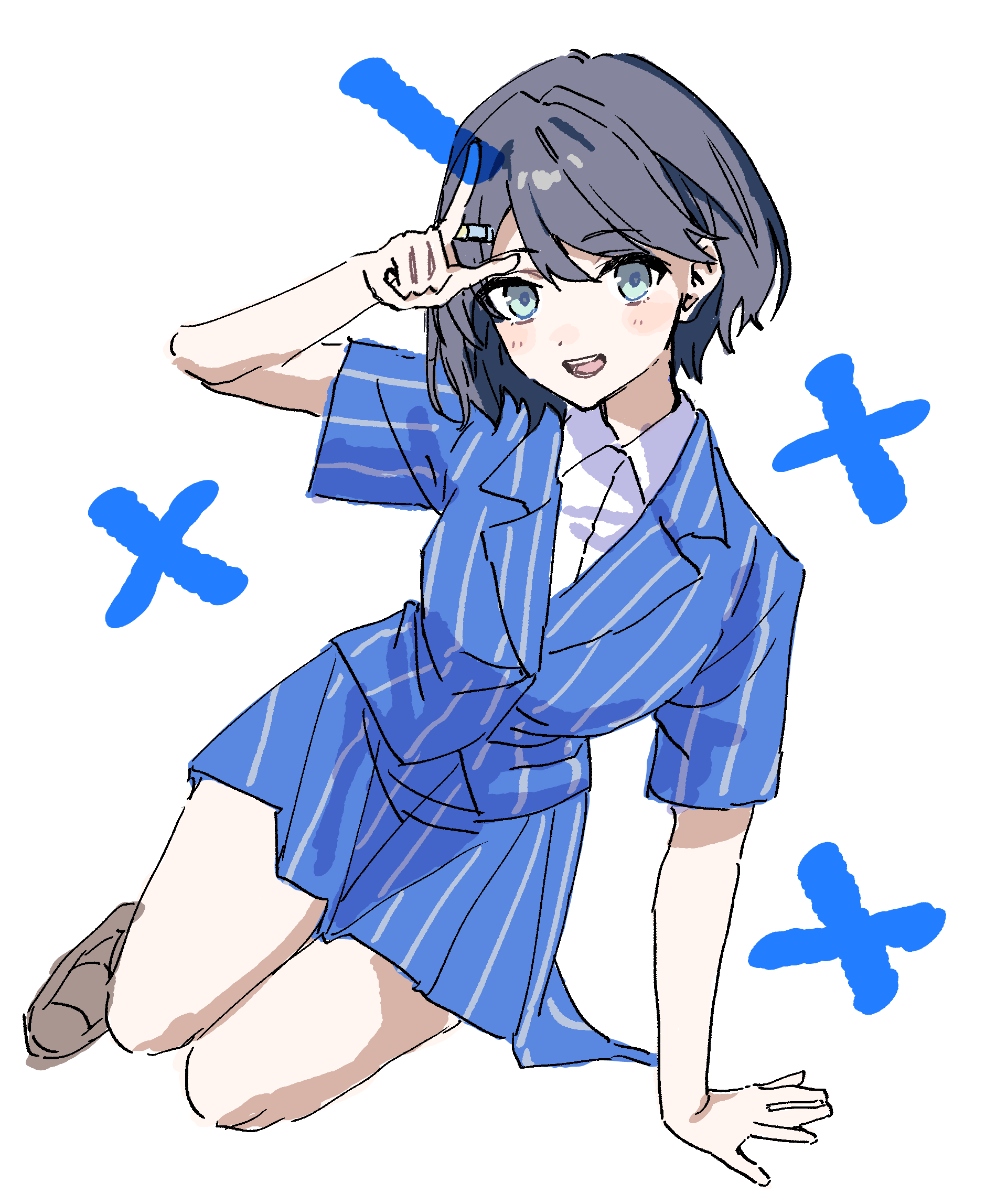 posushi, azabu mai, ikizulive! love live! bluebird, love live!, commentary, hashtag-only commentary, highres, 1girl, arm support, black hair, blue eyes, blue jacket, blue skirt, brown shoes, full body, jacket, l hand, loafers, looking at viewer, miniskirt, official alternate costume, pinstripe jacket, pinstripe pattern, pinstripe skirt, pleated skirt, shoes, short-sleeved jacket, short hair, short sleeves, skirt, solo, what is my life? (love live!)