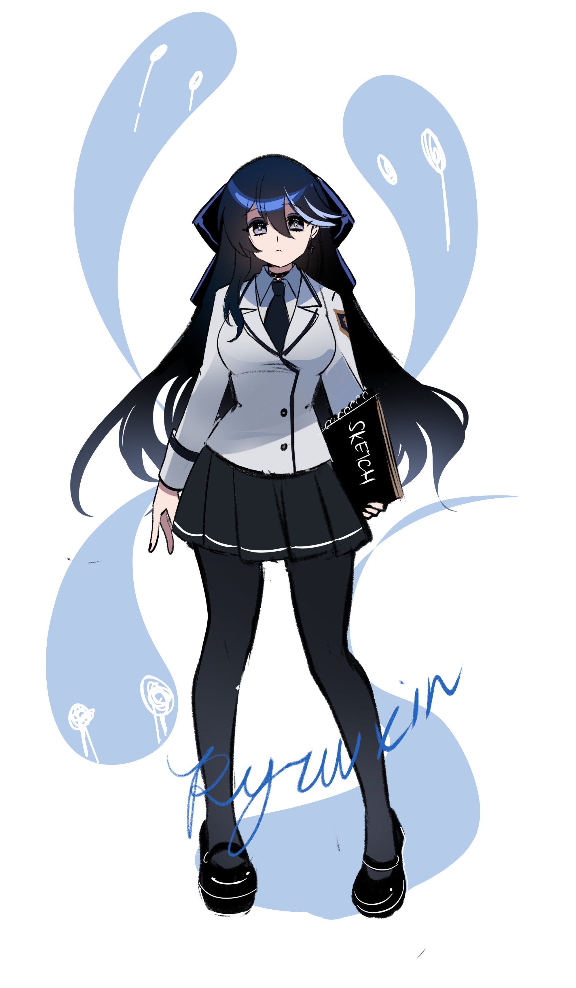 ryuuxin, sadie (ryuuxin), original, absurdres, commentary, english commentary, highres, 1girl, artist name, black choker, black hair, black necktie, black shoes, black skirt, black thighhighs, blue streaks, breasts, choker, closed mouth, double-parted bangs, full body, ghost, grey eyes, grey jacket, hair between eyes, holding, holding sketchbook, jacket, long hair, long sleeves, looking at viewer, medium breasts, miniskirt, multicolored hair, necktie, shoes, sketchbook, skirt, solo, standing, streaked hair, thighhighs