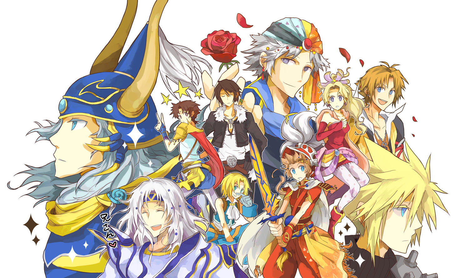 shoumu, bartz klauser, cecil harvey, cloud strife, firion, onion knight, squall leonhart, tidus, tina branford, warrior of light (ff1), zidane tribal, dissidia final fantasy, final fantasy, final fantasy i, final fantasy ii, final fantasy iii, final fantasy iv, final fantasy ix, final fantasy v, final fantasy vi, final fantasy vii, final fantasy viii, final fantasy x, 1980s (style), bad id, bad pixiv id, 00s, 1990s (style), 1girl, 6+boys, alternate costume, cape, closed eyes, everyone, flower, in-franchise crossover, multiple boys, oldschool, pantyhose, petals, retro artstyle, rose, star (symbol), sword, v, weapon