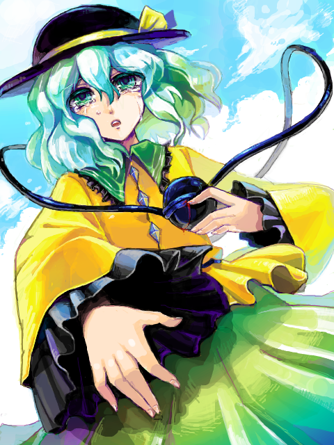 komeiji koishi, touhou, 1girl, female focus, green eyes, green hair, hat, matching hair/eyes, short hair, solo, tears