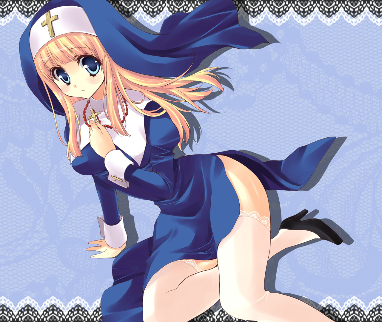yukiwo, original, 1girl, arm support, blonde hair, blue eyes, cross, female focus, high heels, long hair, nun, shoes, sitting, solo, thighhighs