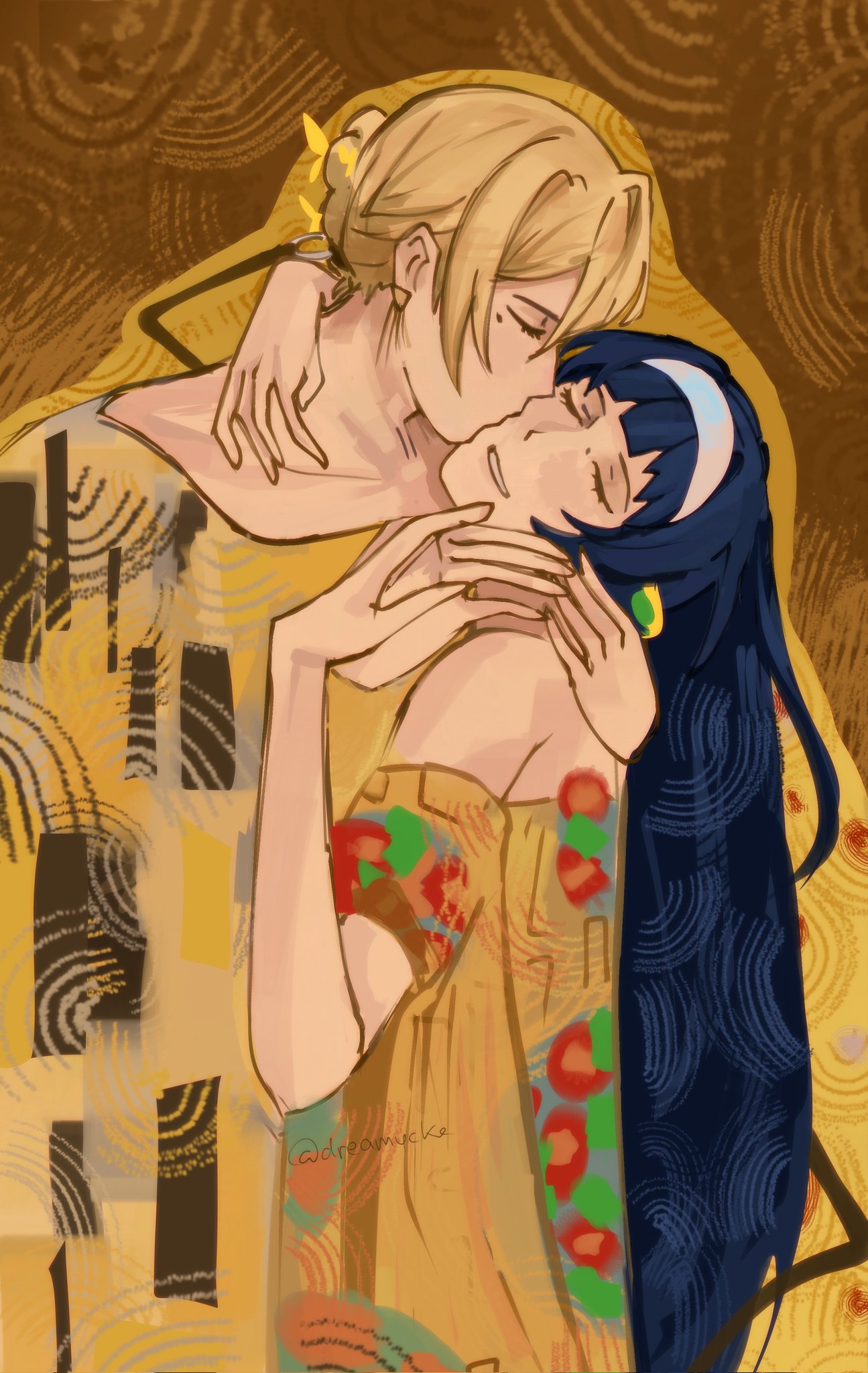 astra yao, evelyn chevalier, the kiss, zenless zone zero, commentary, english commentary, highres, 2girls, blonde hair, blue hair, closed eyes, dress, earrings, fine art parody, hair bun, hairband, hand on another's neck, jewelry, kiss, kissing cheek, long hair, mole, mole under eye, multiple girls, myata (dreamycke), parody, parted lips, smile, white hairband, yellow dress, yuri