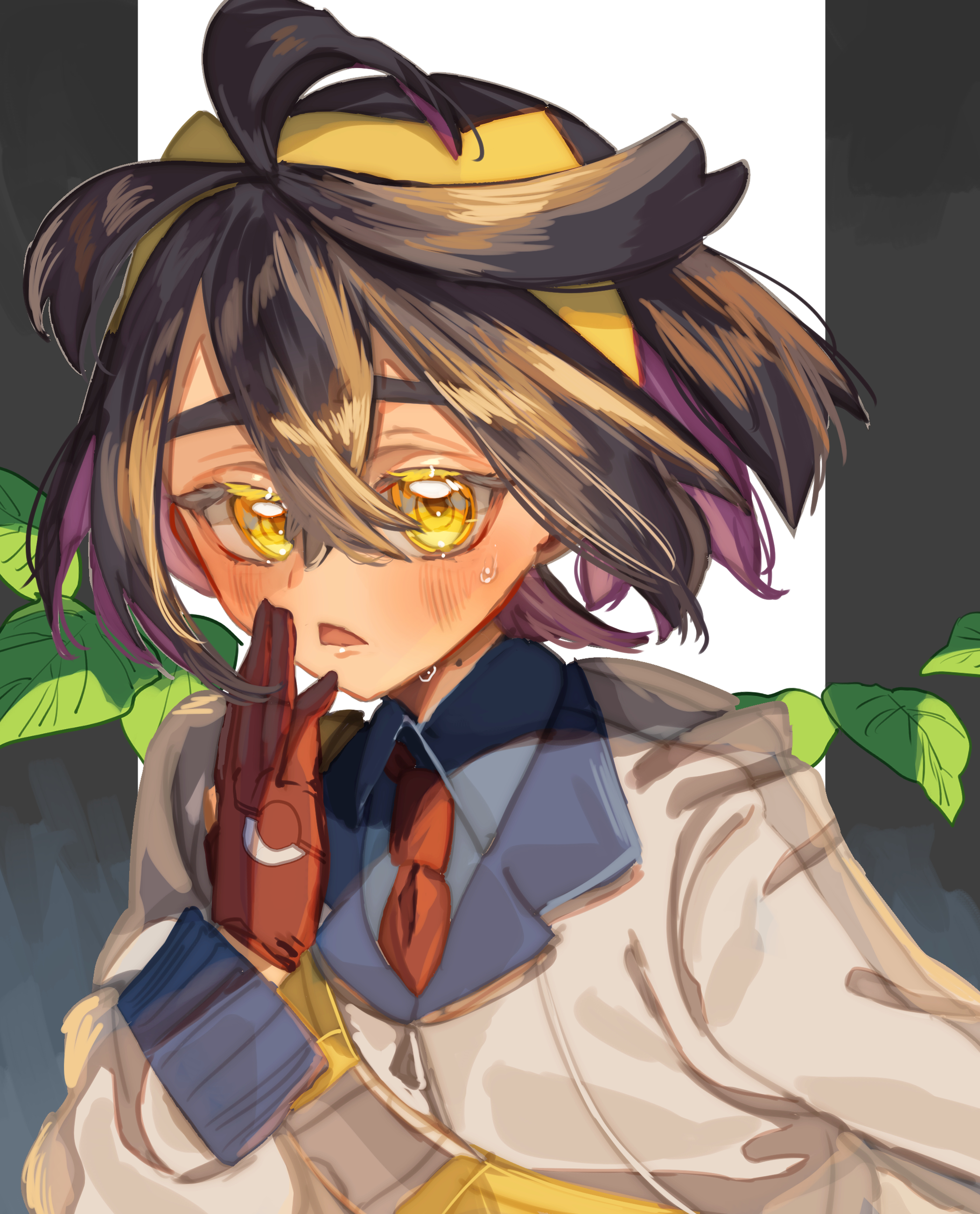 godouyu (neisukun), kieran (pokemon), nintendo, pokemon, pokemon sv, absurdres, commentary request, highres, 1boy, :<, ahoge, black hair, blueberry academy school uniform, colored inner hair, crossed bangs, gloves, hairband, jacket, leaf, looking at viewer, mole, mole on neck, multicolored hair, open mouth, partially fingerless gloves, purple hair, red gloves, school uniform, single glove, solo, two-tone hair, white jacket, yellow bag, yellow eyes, yellow hairband