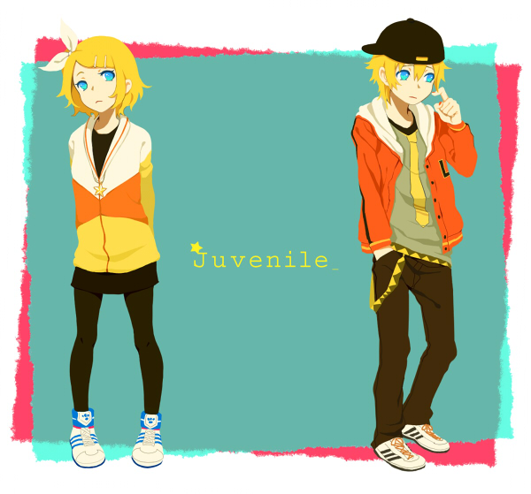 ho (pixiv655034), kagamine len, kagamine rin, juvenile (vocaloid), vocaloid, bad id, bad pixiv id, 1boy, 1girl, baseball cap, blonde hair, blue eyes, brother and sister, casual, fashion, hair ornament, hair ribbon, hairclip, hat, hood, hoodie, pantyhose, ribbon, short hair, shorts, siblings, skirt, twins