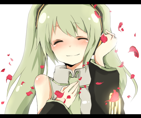 mono (recall), hatsune miku, vocaloid, bad id, bad pixiv id, 1girl, bare shoulders, blush, closed eyes, detached sleeves, female focus, green hair, letterboxed, necktie, petals, smile, solo, twintails, white background