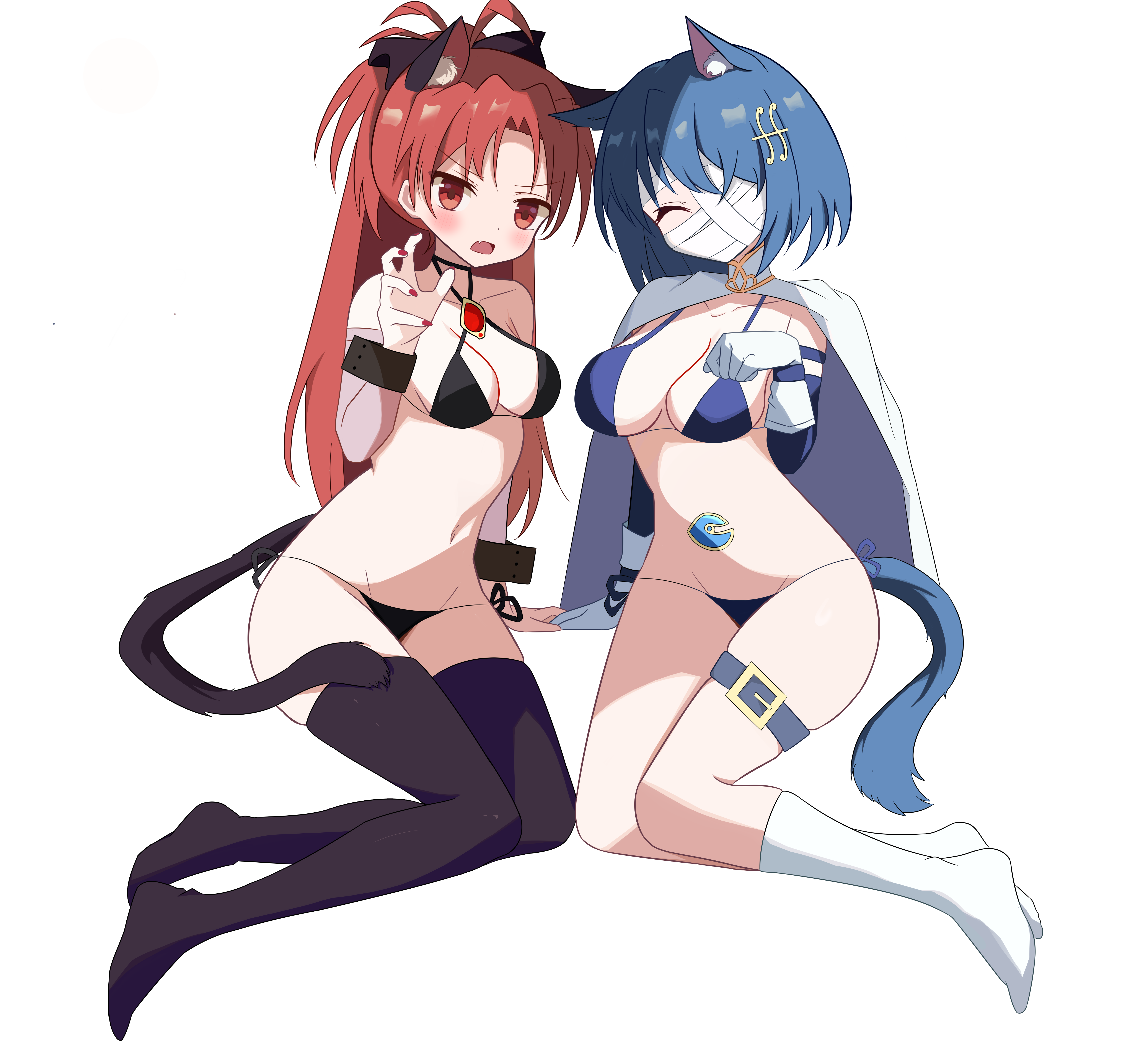 srfgs, miki sayaka, sakura kyoko, mahou shoujo madoka magica, mahou shoujo madoka magica: walpurgis no kaiten, absurdres, commentary request, highres, 2girls, animal ears, bandaged head, bandages, bikini, black thighhighs, blue bikini, blush, breasts, cape, cat ears, cat tail, claw pose, cleavage, closed eyes, collarbone, detached sleeves, fang, fortissimo, hair ornament, high ponytail, kemonomimi mode, looking at viewer, multiple girls, musical note, musical note hair ornament, open mouth, paw pose, ponytail, red eyes, red hair, red nails, simple background, socks, swimsuit, tail, thigh strap, thighhighs, white background, white cape, white socks