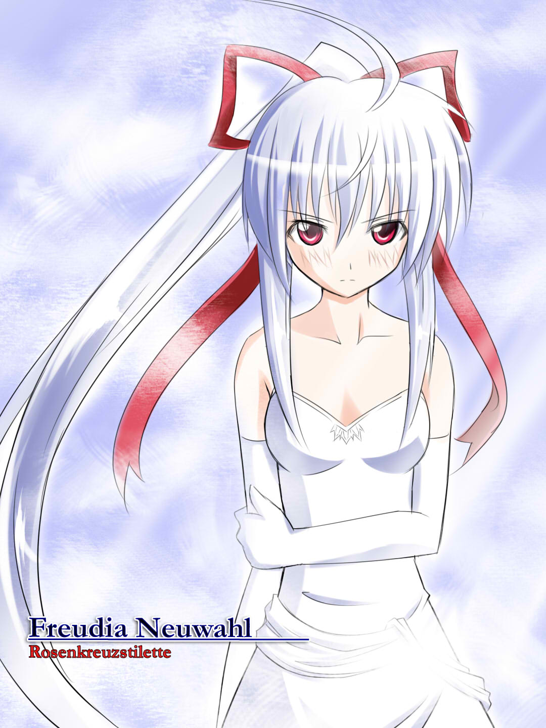 zero saber, freudia neuwahl, rosenkreuzstilette, rosenkreuzstilette freudenstachel, silver hair, highres, 1girl, ahoge, angry, bare shoulders, bow, breasts, bride, cleavage, dress, elbow gloves, female focus, gloves, hair ribbon, long hair, medium breasts, ponytail, red eyes, ribbon, solo, strapless, strapless dress, very long hair, wedding dress, zeta.slasher