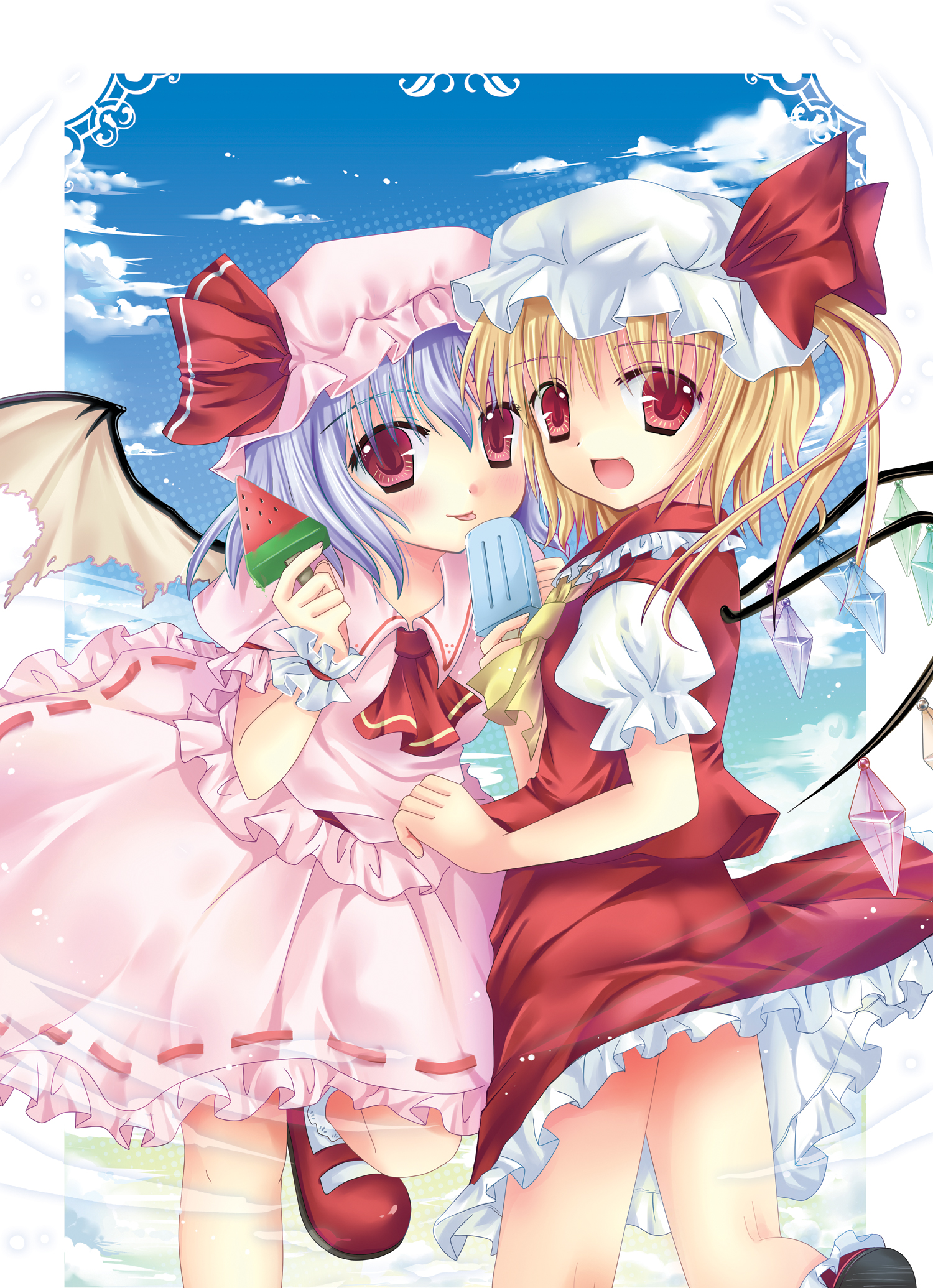 hanahanamaki, flandre scarlet, remilia scarlet, touhou, light purple hair, bad id, bad pixiv id, highres, 2girls, bat wings, blonde hair, dress, female focus, food, hat, mary janes, multiple girls, ponytail, popsicle, red eyes, shoes, short hair, siblings, side ponytail, sisters, watermelon bar, wings