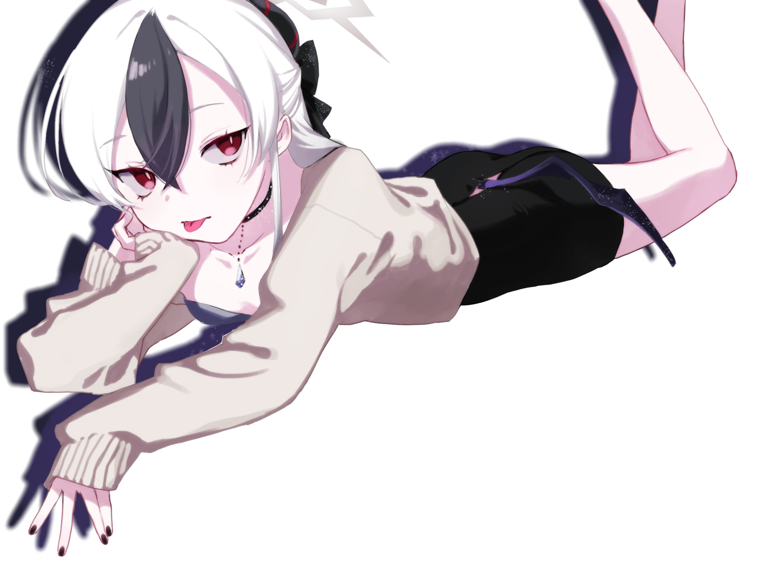 kisaka, kayoko (blue archive), kayoko (dress) (blue archive), blue archive, commentary request, highres, 1girl, :p, ass, black bow, black choker, black dress, black hair, black nails, bow, breasts, bright pupils, brown cardigan, cardigan, choker, closed mouth, collarbone, demon girl, demon horns, demon wings, double-parted bangs, dress, drop shadow, eyelashes, feet out of frame, grey halo, hair between eyes, hair bow, half updo, halo, hand on own cheek, hand on own face, hand up, horns, legs up, looking at viewer, low wings, lying, multicolored hair, nail polish, official alternate costume, official alternate hairstyle, on stomach, open cardigan, open clothes, red eyes, short dress, simple background, single wing, sleeves past wrists, slit pupils, small breasts, solo, the pose, tongue, tongue out, two-tone hair, upturned eyes, white background, white hair, white pupils, wings