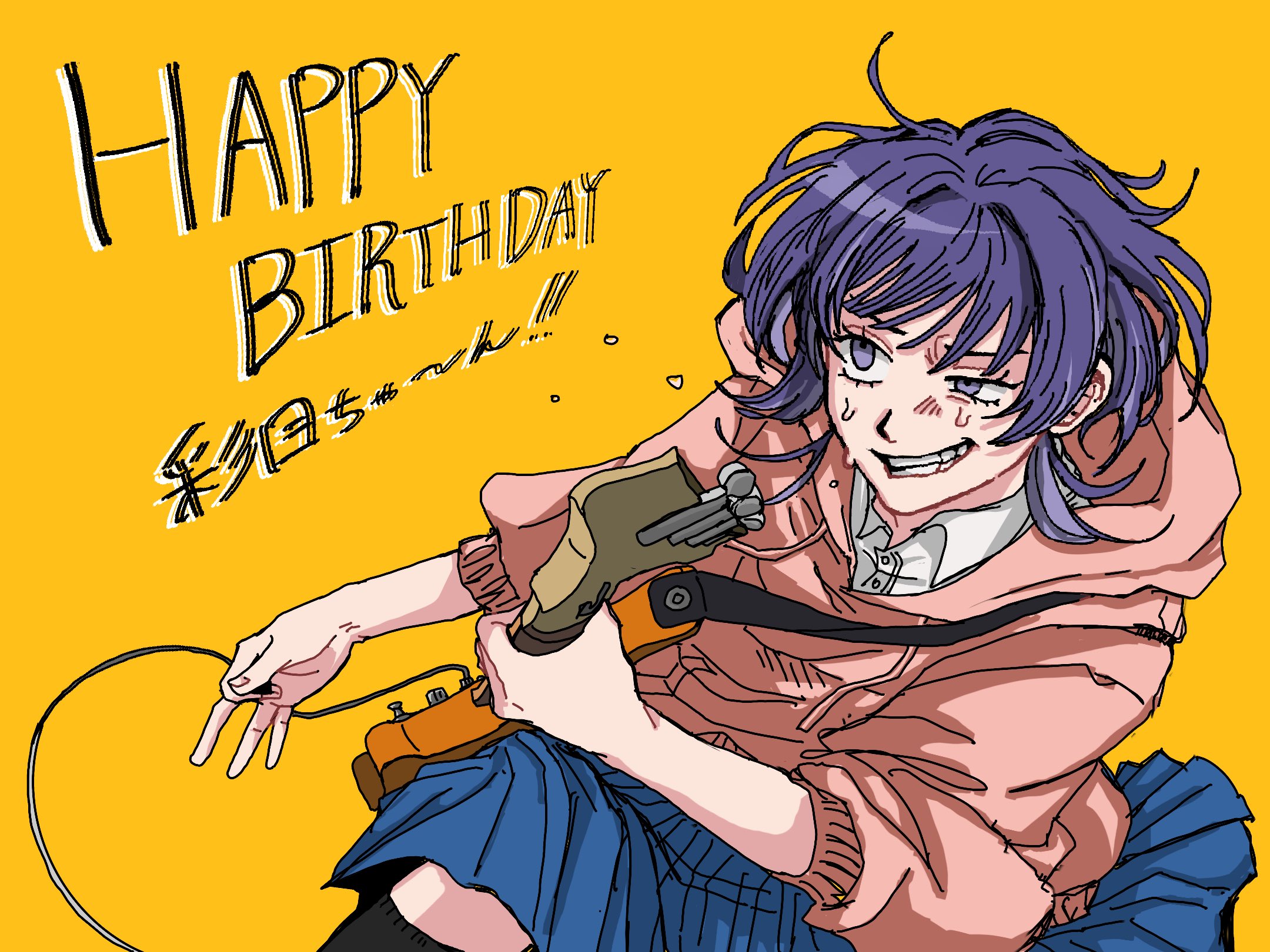 papaiyaa23, fujii ayame, futsuu no keion-bu, commentary request, highres, 1girl, blue skirt, cable, collared shirt, dress shirt, electric guitar, grin, guitar, half-closed eye, happy birthday, hood, hood down, hoodie, instrument, music, pink hoodie, playing guitar, playing instrument, purple eyes, purple hair, school uniform, shirt, skirt, smile, solo, sweat, white shirt, yellow background