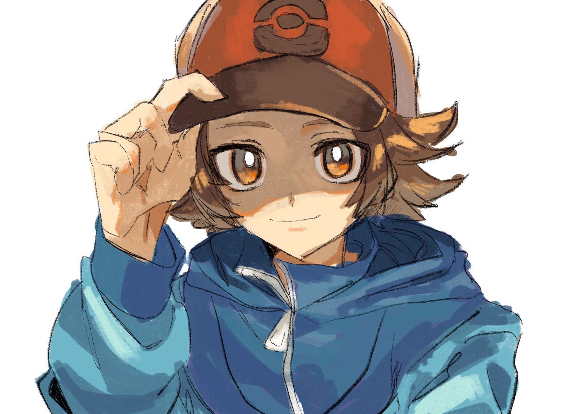 godouyu (neisukun), hilbert (pokemon), nintendo, pokemon, pokemon bw, commentary request, highres, 1boy, adjusting clothes, adjusting headwear, baseball cap, blue jacket, brown eyes, brown hair, hand on headwear, hat, jacket, long sleeves, looking at viewer, male focus, poke ball print, shaded face, short hair, smile, solo, white background, zipper pull tab