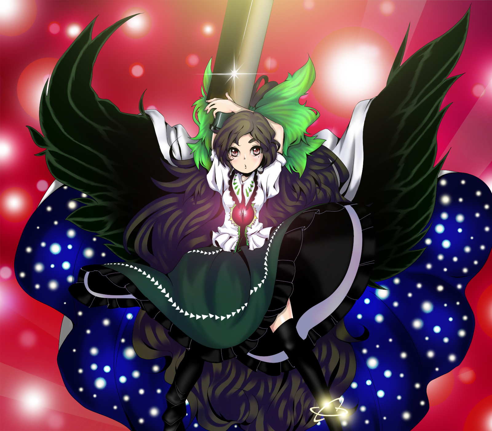 dista, irie tetsuya, reiuji utsuho, touhou, colorized, highres, 1girl, black hair, bow, female focus, long hair, red eyes, solo, wings