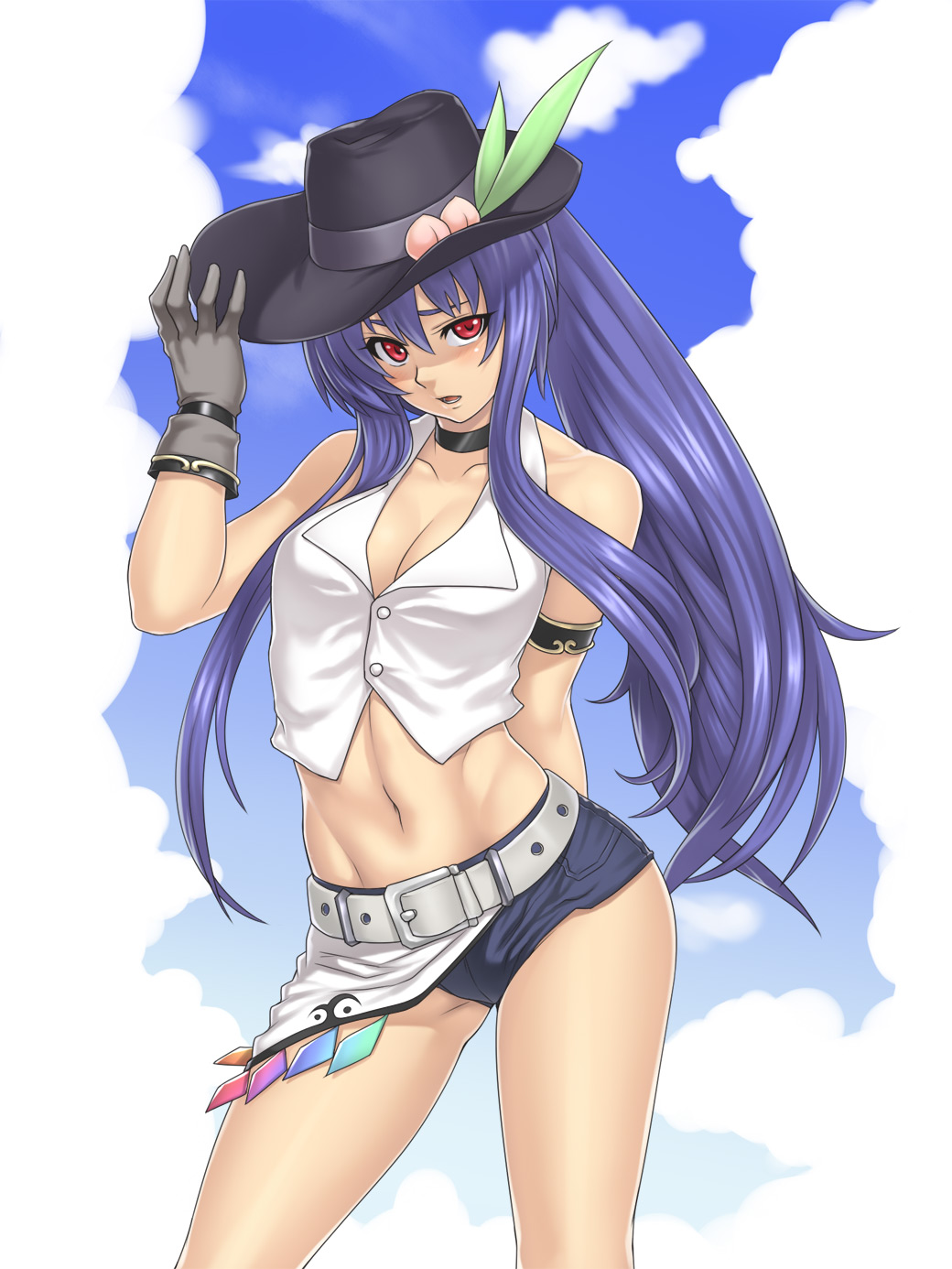 houtengeki, hinanawi tenshi, touhou, highres, 1girl, adapted costume, aged up, alternate hairstyle, bare shoulders, belt, blue hair, blush, breasts, choker, cleavage, cowboy hat, cowboy western, denim, female focus, gloves, hand on headwear, hat, hat tip, hip focus, long hair, midriff, navel, ponytail, purple hair, red eyes, short shorts, shorts, solo, thighs, toned, toned female