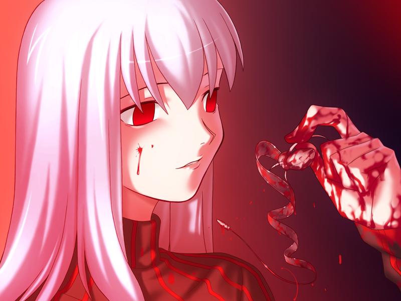 takeuchi takashi, dark sakura, matou sakura, matou zouken, fate/stay night, fate (series), game cg, 00s, 1girl, blood, red eyes, shirt, striped clothes, striped shirt, white hair