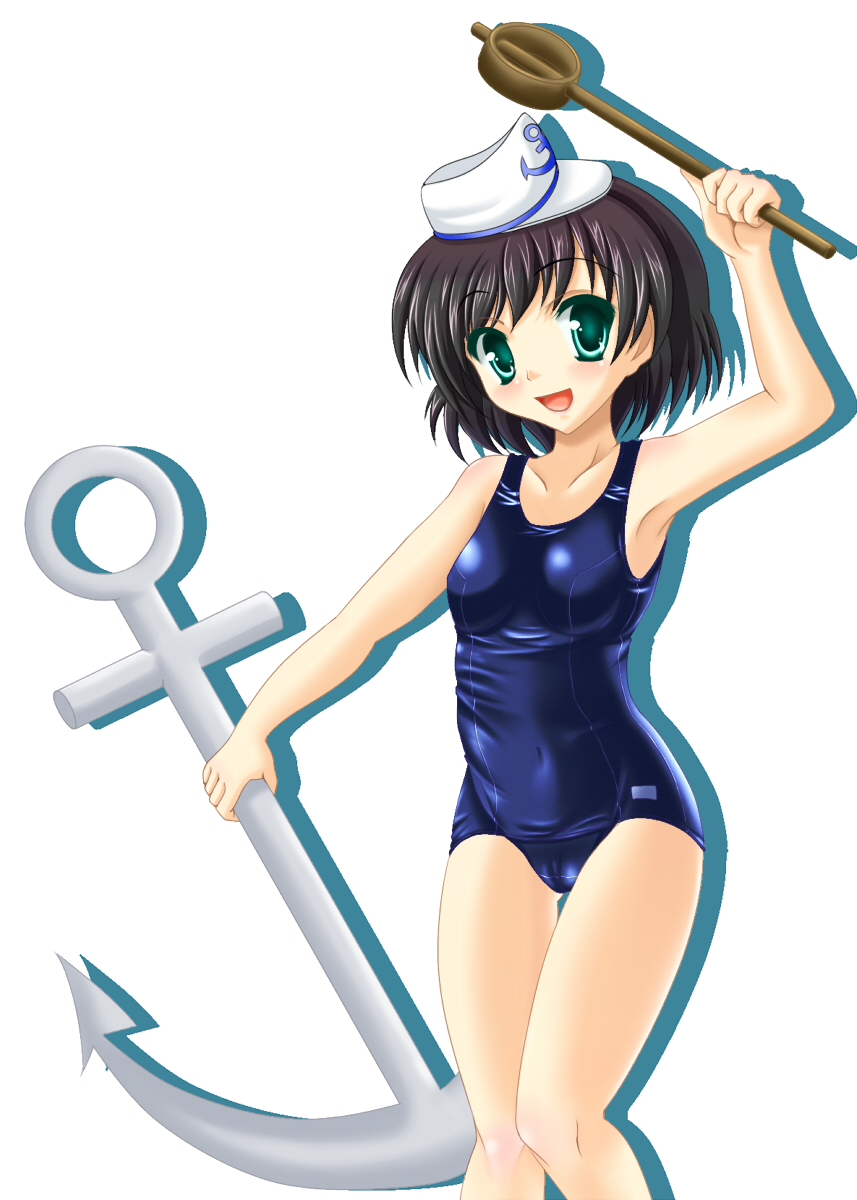 tera hiroshi, murasa minamitsu, touhou, bad id, bad pixiv id, highres, 1girl, anchor, black hair, blush, female focus, ghost, green eyes, hat, hishaku, one-piece swimsuit, school swimsuit, shiny clothes, short hair, skindentation, smile, solo, swimsuit