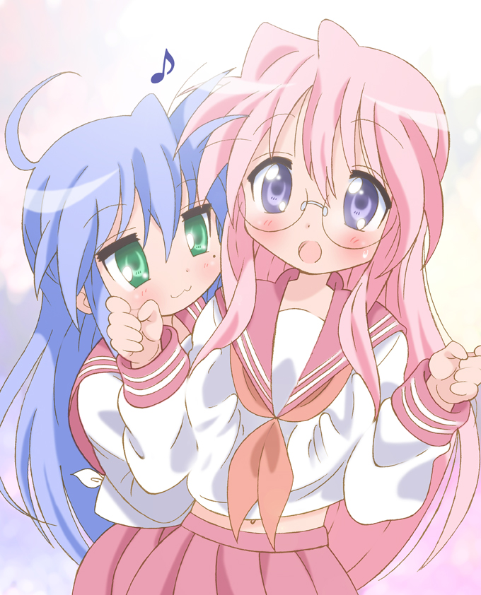 yamasaki wataru, izumi konata, takara miyuki, lucky star, 00s, 2girls, :3, ahoge, blue hair, breast padding, breasts, glasses, grabbing another's breast, green eyes, groping, long hair, mole, mole under eye, multiple girls, musical note, pink hair, purple eyes, school uniform, serafuku, small breasts, yuri