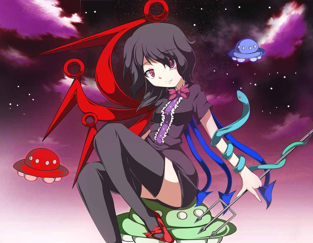 tsuki no alice, tsuki no arisu, houjuu nue, touhou, bad id, bad pixiv id, 1girl, black hair, black thighhighs, female focus, polearm, purple eyes, short hair, solo, spear, thighhighs, trident, ufo, weapon, zettai ryouiki