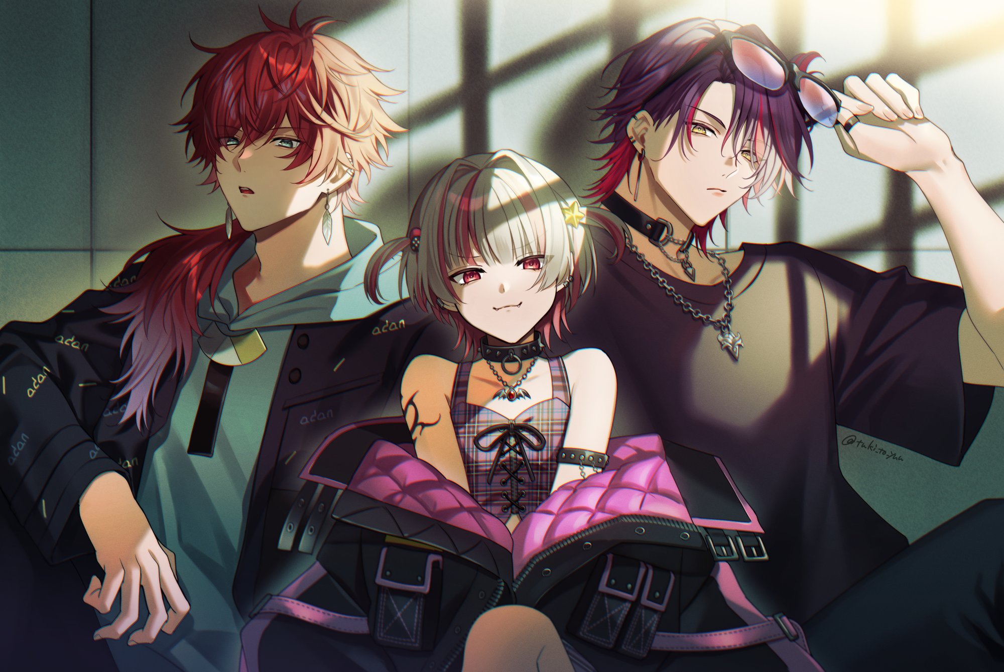 yuki07071006, lauren iroas, lauren iroas (3rd costume), makaino ririmu, makaino ririmu (6th costume), nijisanji, commentary request, highres, 1girl, 2boys, :3, adjusting eyewear, arm tattoo, black choker, black jacket, black shirt, blonde hair, blunt bangs, chain, chain necklace, choker, closed mouth, earrings, eyewear on head, green eyes, hair between eyes, hair intakes, hood, hoodie, jacket, jewelry, long hair, long sleeves, looking at viewer, medium hair, multicolored hair, multiple boys, necklace, open clothes, open jacket, open mouth, parted bangs, pendant, pink eyes, ponytail, purple hair, quilted jacket, red hair, shirt, short sleeves, side ponytail, streaked hair, sunglasses, tank top, tattoo, tile wall, tiles, two side up, upper body, virtual youtuber, watarai hibari (4th costume), yellow eyes