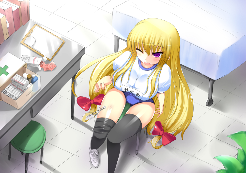 shikano sumiaki, yakumo yukari, touhou, bad id, bad pixiv id, 1girl, alternate costume, bed, blonde hair, blue buruma, bow, breasts, buruma, condom, contemporary, female focus, first aid, first aid kit, gym uniform, hair bow, huge breasts, infirmary, injury, invisible, large breasts, long hair, one eye closed, purple eyes, scrape, sitting, solo, tears, thighhighs, very long hair, wince, wink