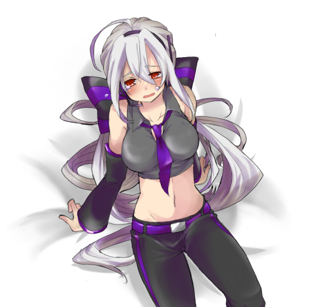 kuzumiya yuyu, yowane haku, vocaloid, silver hair, bad id, bad pixiv id, 1girl, ahoge, blouse, detached sleeves, female focus, grey shirt, long hair, midriff, red eyes, ribbon, shirt, solo, tears, very long hair