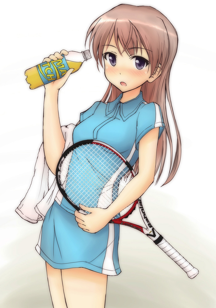 eila ilmatar juutilainen, hanyu, match (drink), strike witches, world witches series, 00s, 1girl, blonde hair, blue eyes, blush, female focus, long hair, product placement, racket, solo, sportswear, tennis racket, tennis uniform, towel