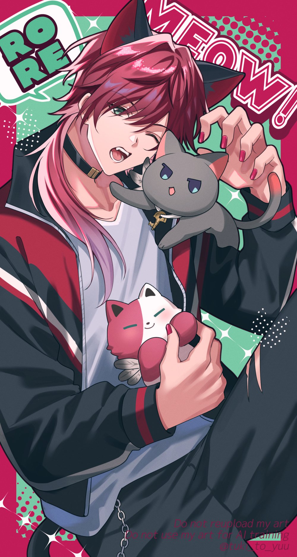 yuki07071006, lauren iroas, nijisanji, hashtag-only commentary, highres, 1boy, black cat, black choker, black jacket, black pants, cat, choker, claw pose, hair between eyes, holding, holding stuffed toy, jacket, kemonomimi mode, long hair, looking at viewer, male focus, one eye closed, open clothes, open jacket, open mouth, pants, ponytail, red hair, red nails, shirt, side ponytail, solo, stuffed animal, stuffed toy, teeth, tongue, torn clothes, torn pants, virtual youtuber, white shirt