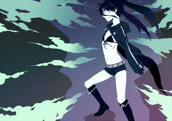 ho (pixiv655034), black rock shooter (character), black rock shooter, bad id, bad pixiv id, 10s, 1girl, bikini, bikini top only, black bikini, black hair, blue eyes, boots, coat, female focus, flat chest, long hair, midriff, navel, pale skin, scar, shorts, solo, swimsuit, twintails