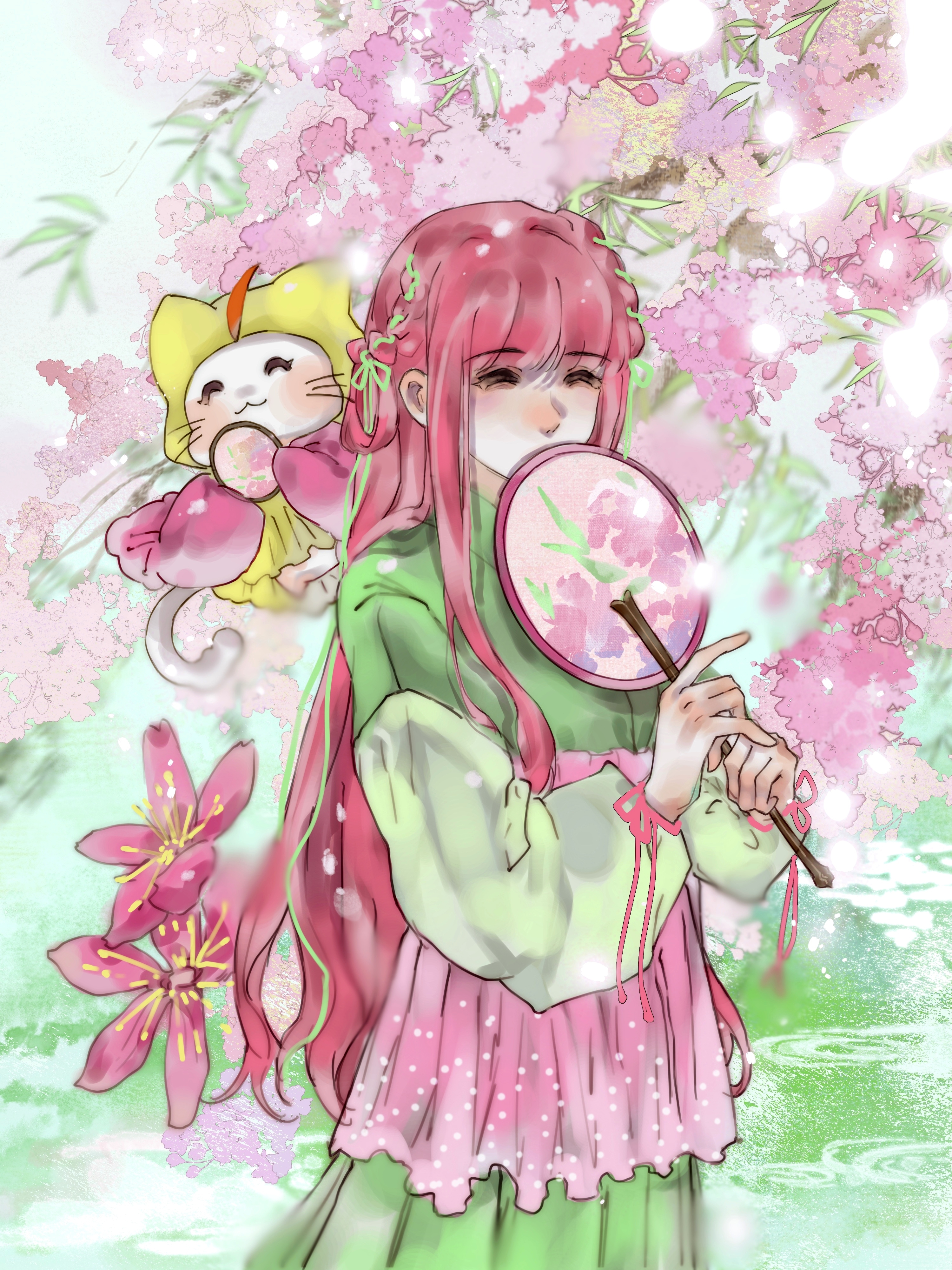 momo (nikki), nikki (nikki), nikki (series), absurdres, chinese commentary, commentary request, highres, 1girl, ^ ^, ahoge, animal, blunt bangs, braid, cat, cherry blossoms, chinese clothes, cloak, closed eyes, closed mouth, clothed animal, covered mouth, cowboy shot, day, ear over one eye, flower, green hanfu, green ribbon, hair ribbon, hair rings, hand fan, hanfu, happy, high-waist skirt, holding, holding fan, hood, hood up, hooded cloak, lake, layered sleeves, light blush, light particles, long hair, long sidelocks, long sleeves, miniskirt, outdoors, pink flower, pink hair, pink ribbon, pink robe, pink skirt, pleated skirt, puffy long sleeves, puffy sleeves, qingxu, ribbon, ripples, robe, short over long sleeves, short sleeves, sidelocks, skirt, smile, standing, tree, tress ribbon, tuanshan, twin braids, very long hair, whiskers, white cat, wrist ribbon, yellow cloak, yellow hanfu