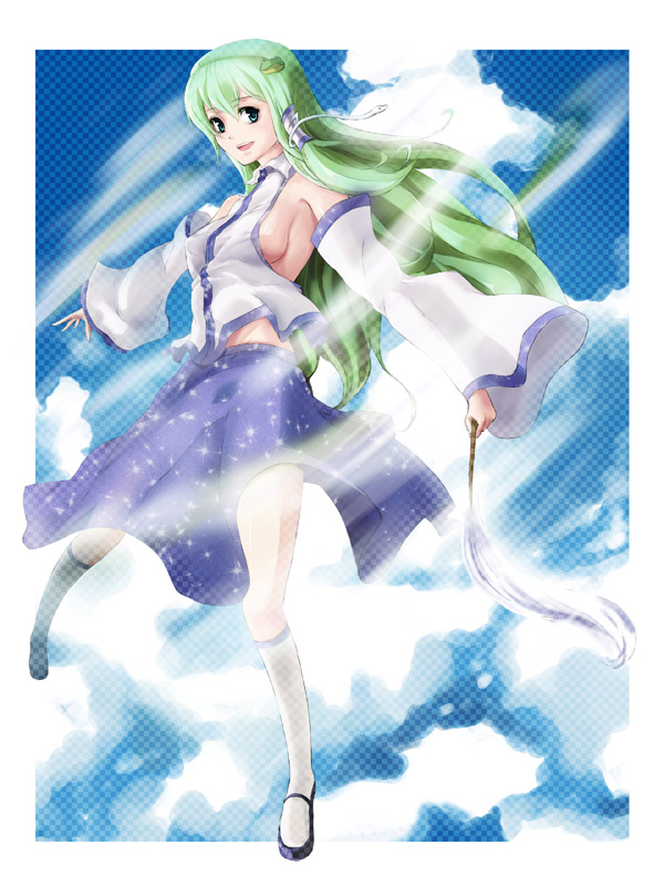 sky of morika, kochiya sanae, touhou, bad id, bad pixiv id, 1girl, breasts, female focus, full body, green eyes, green hair, hair ornament, japanese clothes, matching hair/eyes, medium breasts, miko, sideboob, snake, solo