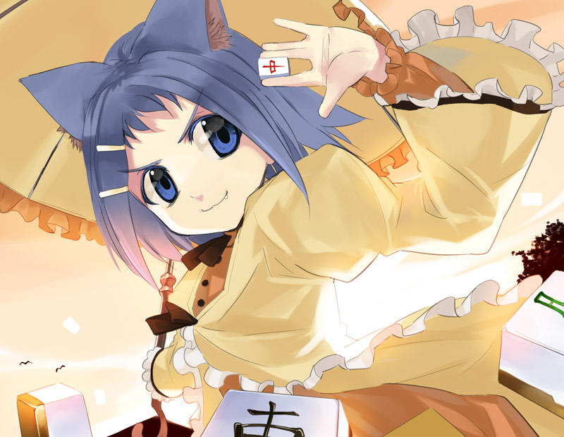 kabocha, kabocha (monkey4), ikeda kana, kanaria, rozen maiden, saki (manga), 1girl, animal ears, blue eyes, blue hair, board game, cat ears, cosplay, female focus, holding, holding mahjong tile, kanaria (cosplay), mahjong, mahjong tile, matching hair/eyes, parasol, parody, solo, umbrella