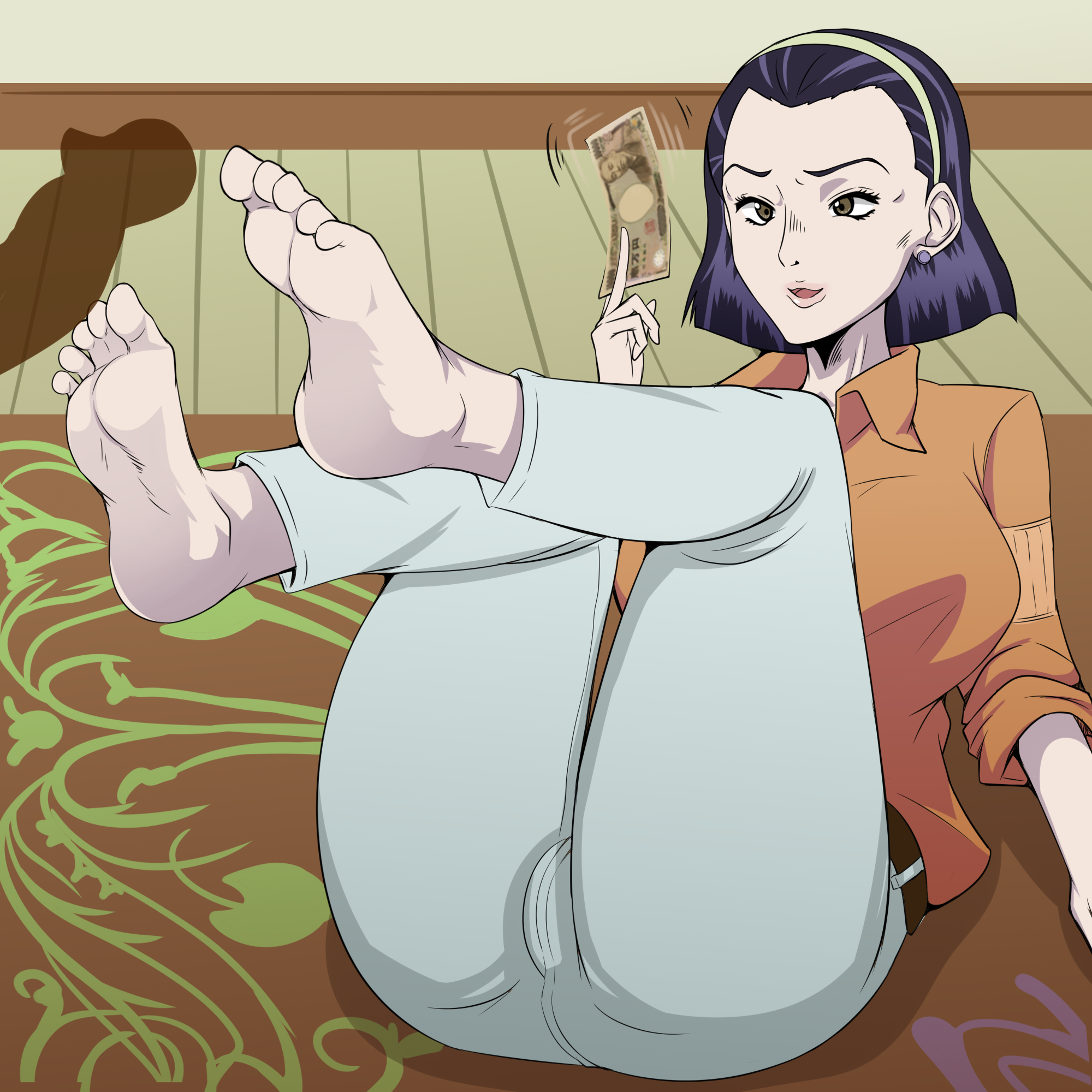 zayakuzazai, higashikata tomoko, jojo no kimyou na bouken, highres, 1girl, barefoot, brown eyes, feet, feet up, hairband, mature female, medium hair, money, open mouth, purple hair, soles, steam, toes